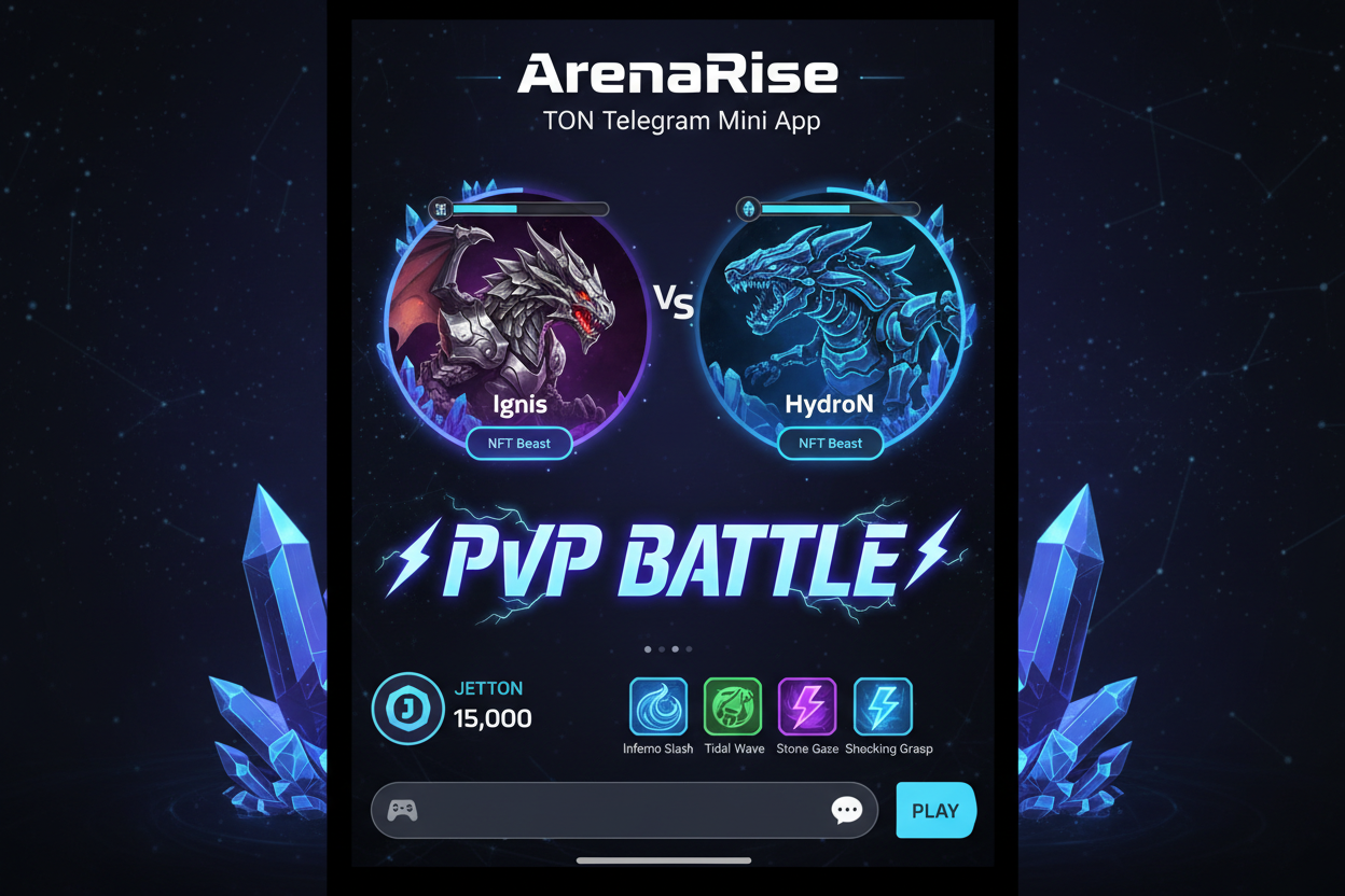 Screenshot of ArenaRise TON blockchain PvP battle game demo in Telegram mini app showing NFT beast summons and Jetton earnings