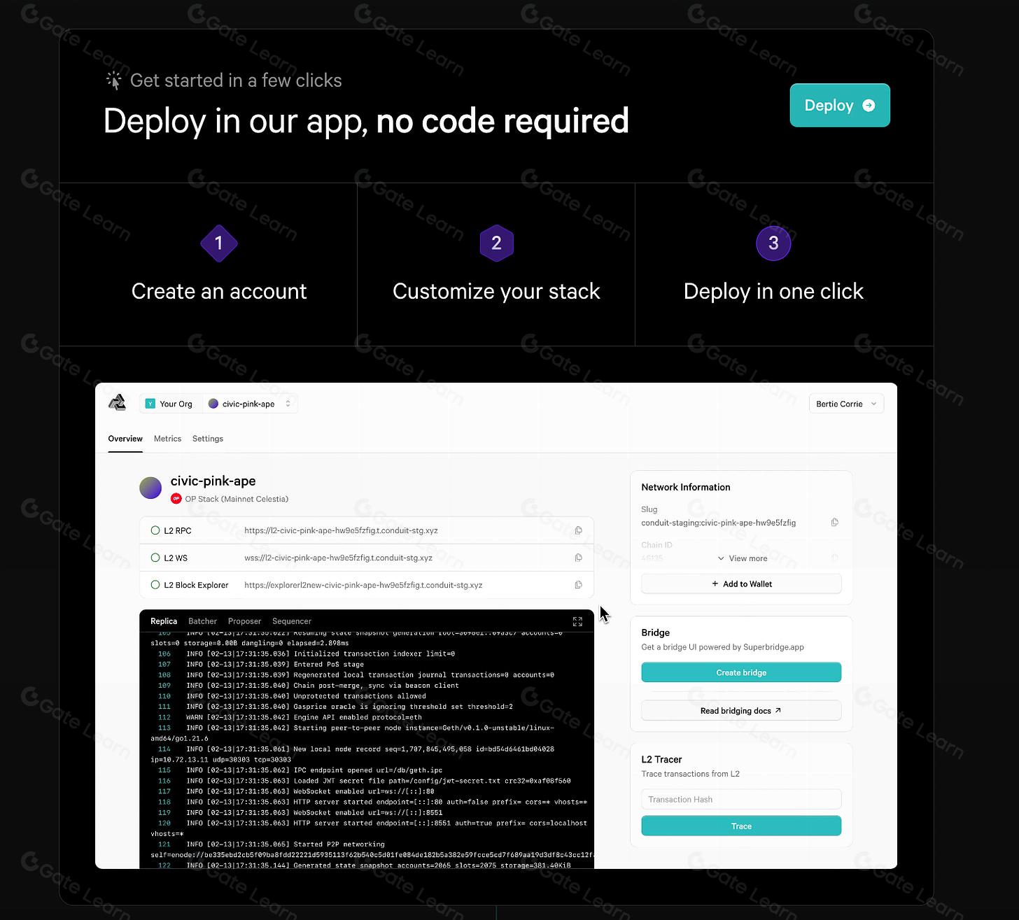 Screenshot of Asphere no-code rollup deployer interface showing blockchain deployment workflow