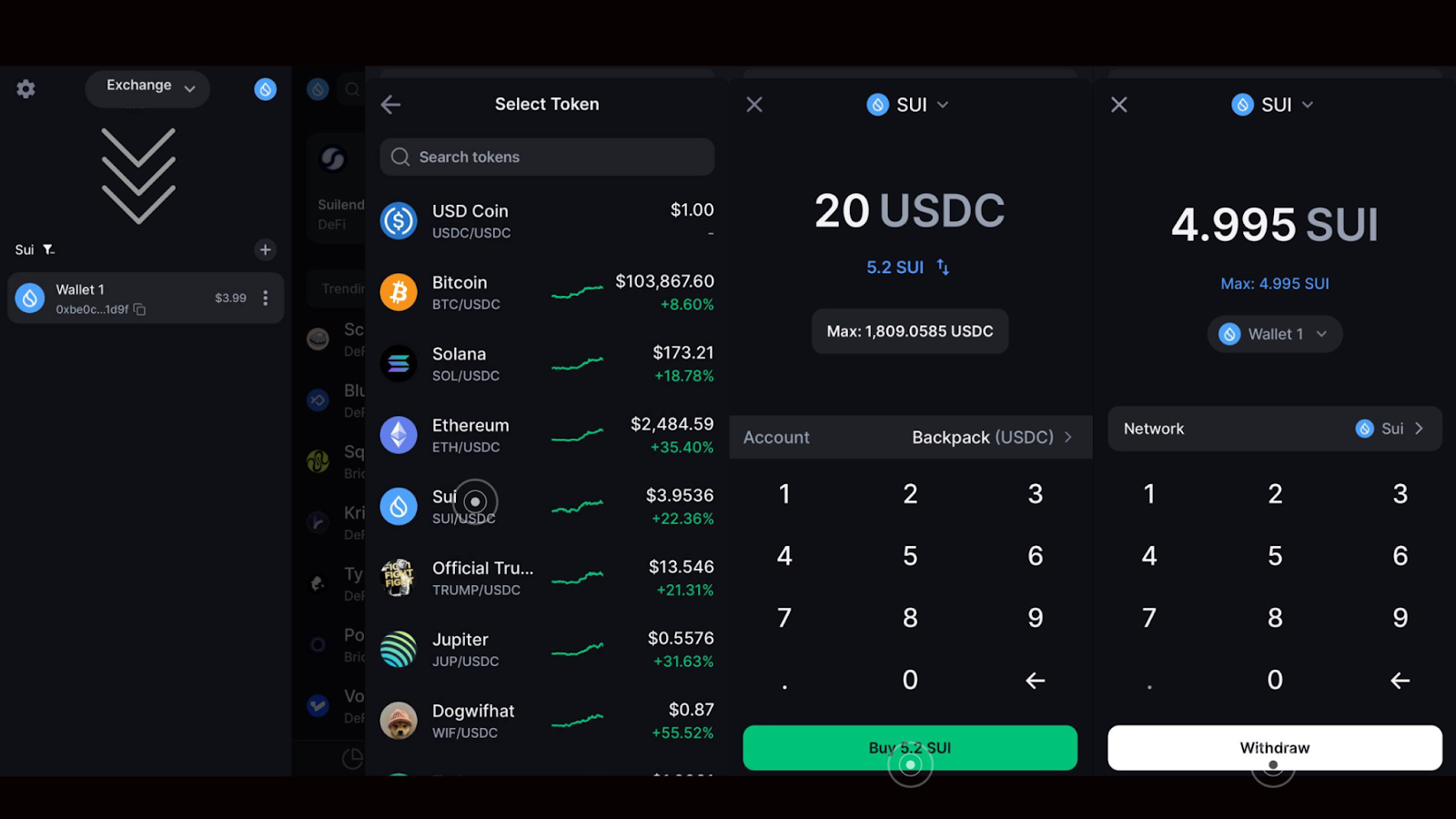 Backpack Exchange dashboard screenshot showcasing multi-chain asset support for Solana, Ethereum, Arbitrum, and Optimism in 2025
