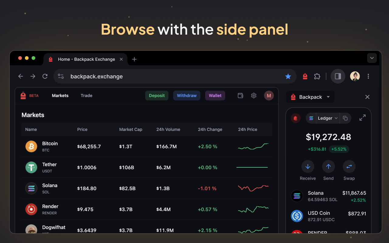 Backpack Wallet multi-chain dashboard displaying Solana, Ethereum, and BNB Chain balances