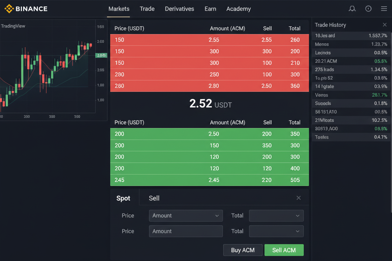 Screenshot of Binance ACM/USDT spot trading interface with order book for buying AC Milan Fan Token