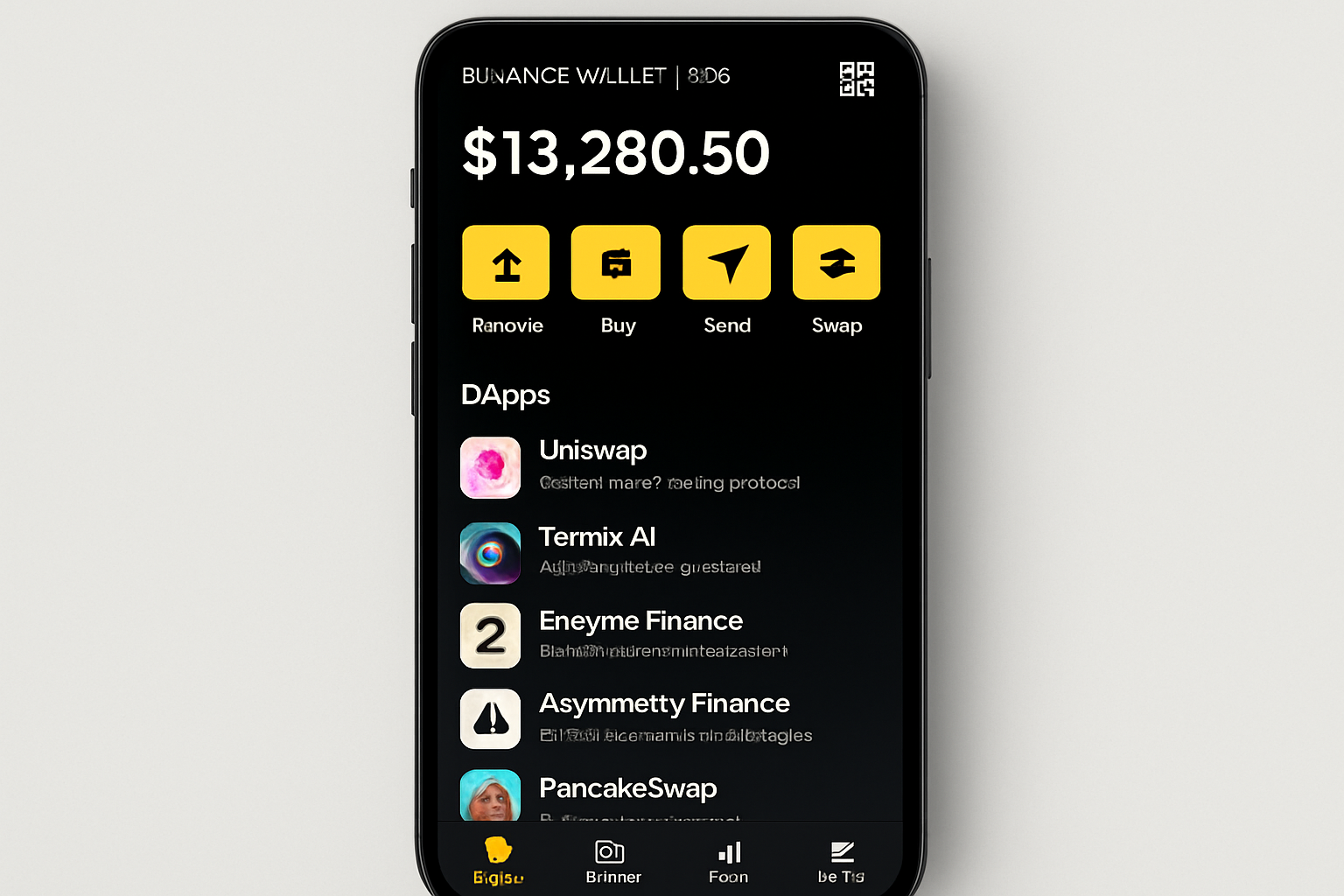 Binance Wallet interface in 2025 displaying integrated dApps Uniswap, Termix AI, Enzyme Finance, Asymmetry Finance, and PancakeSwap