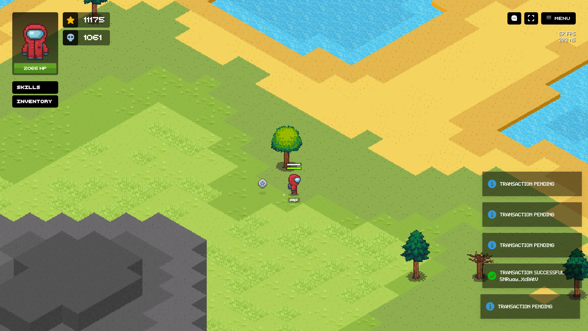 Screenshot of Block Stranding real-time MMO interface showing on-chain gameplay on Solana blockchain