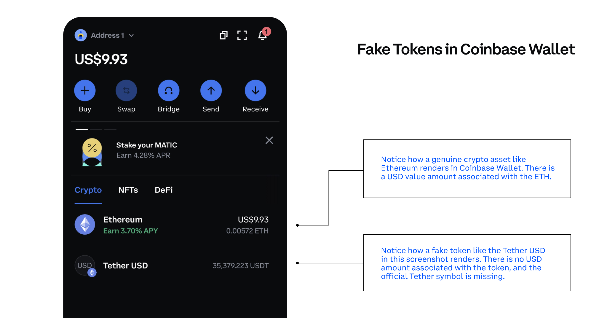 Screenshot of Coinbase Wallet app displaying the USDC bridge interface for transferring USDC from Ethereum to Base network, showing network selection and transaction details.