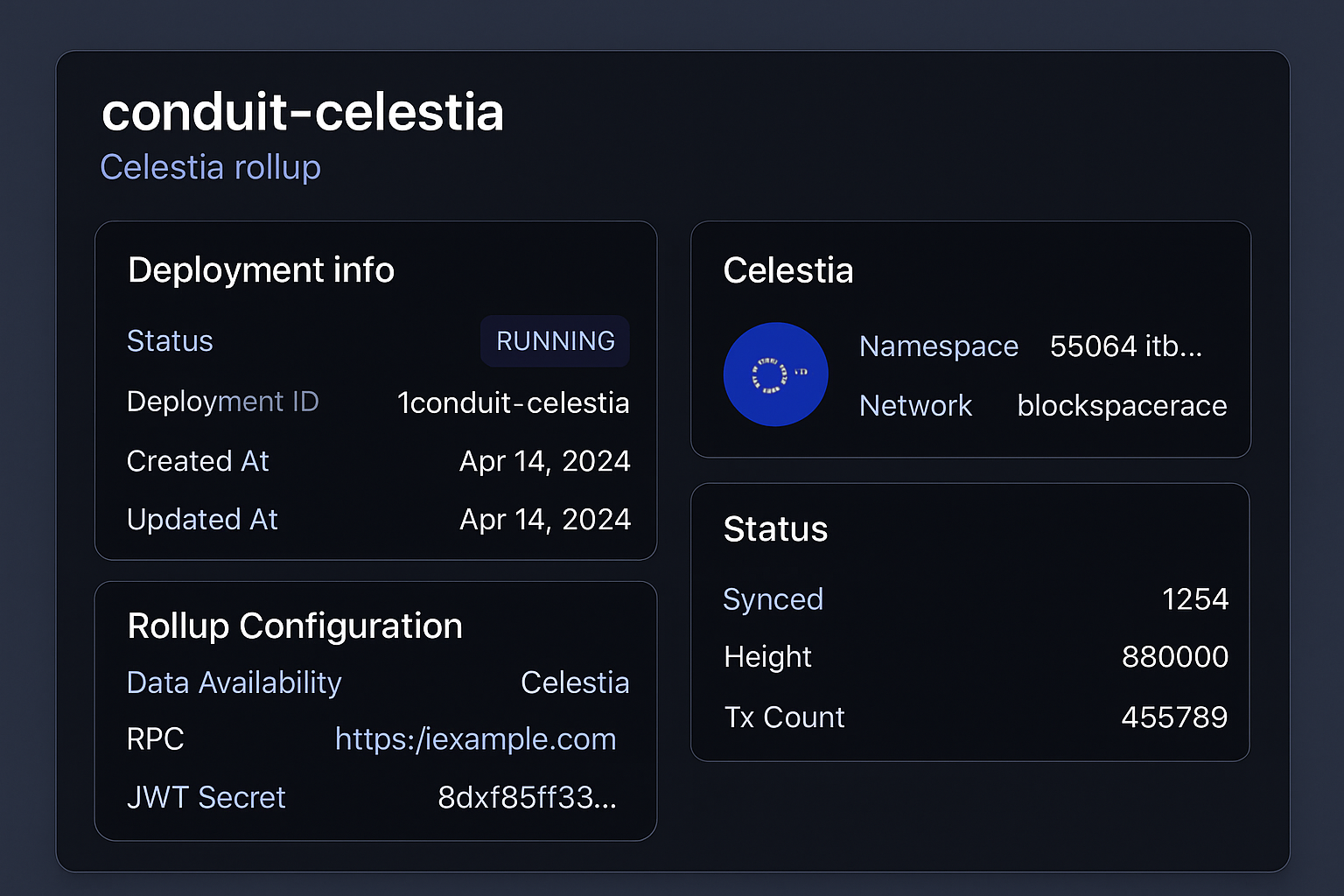 Screenshot of Conduit deployment dashboard configuring a custom rollup on Celestia
