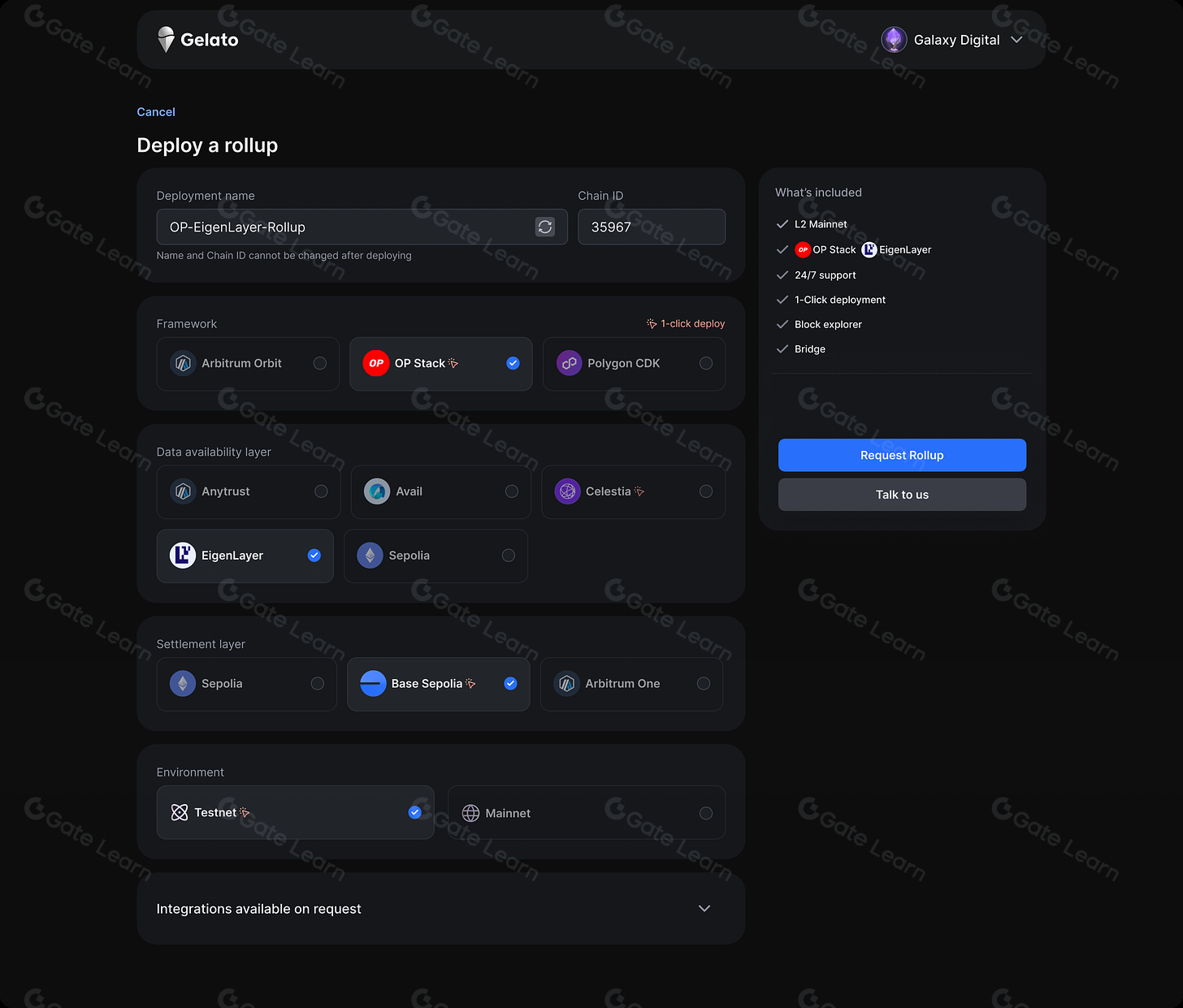 Screenshot of Conduit's no-code rollup deployment interface showing user-friendly options for launching OP Stack or Arbitrum Orbit chains