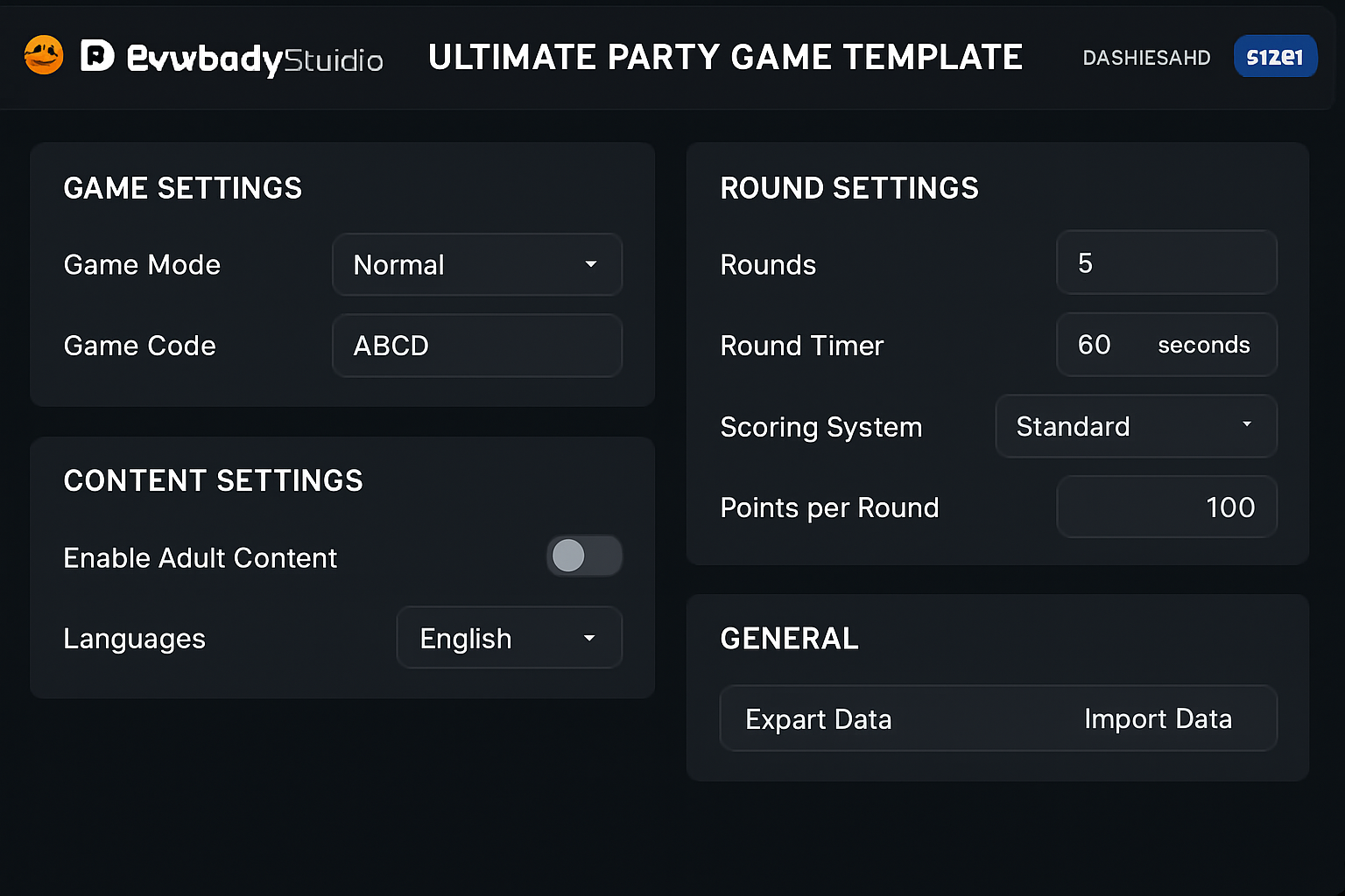 Screenshot of DevbuddyStudio Ultimate Party Game Template dashboard showcasing modular blockchain minigame development tools