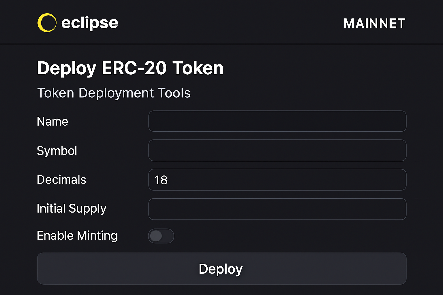 Eclipse Mainnet interface showing token deployment tools for Ethereum developers, including MetaMask Snaps integration, bridging, and contract deployment features.