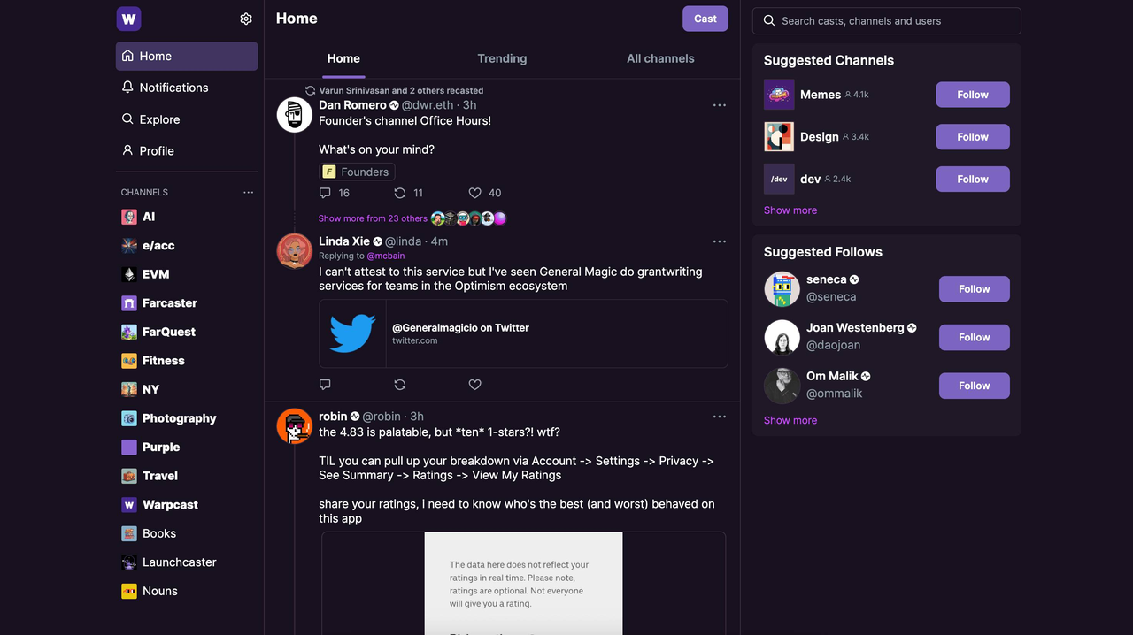 Screenshot of the Farcaster Warpcast interface connected to the Base blockchain, showing user dashboard and channels