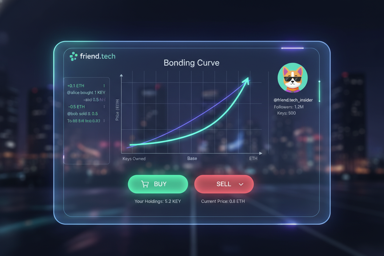 Screenshot of Friend.tech keys trading interface on Base blockchain showing buy sell buttons trader board and bonding curve graph