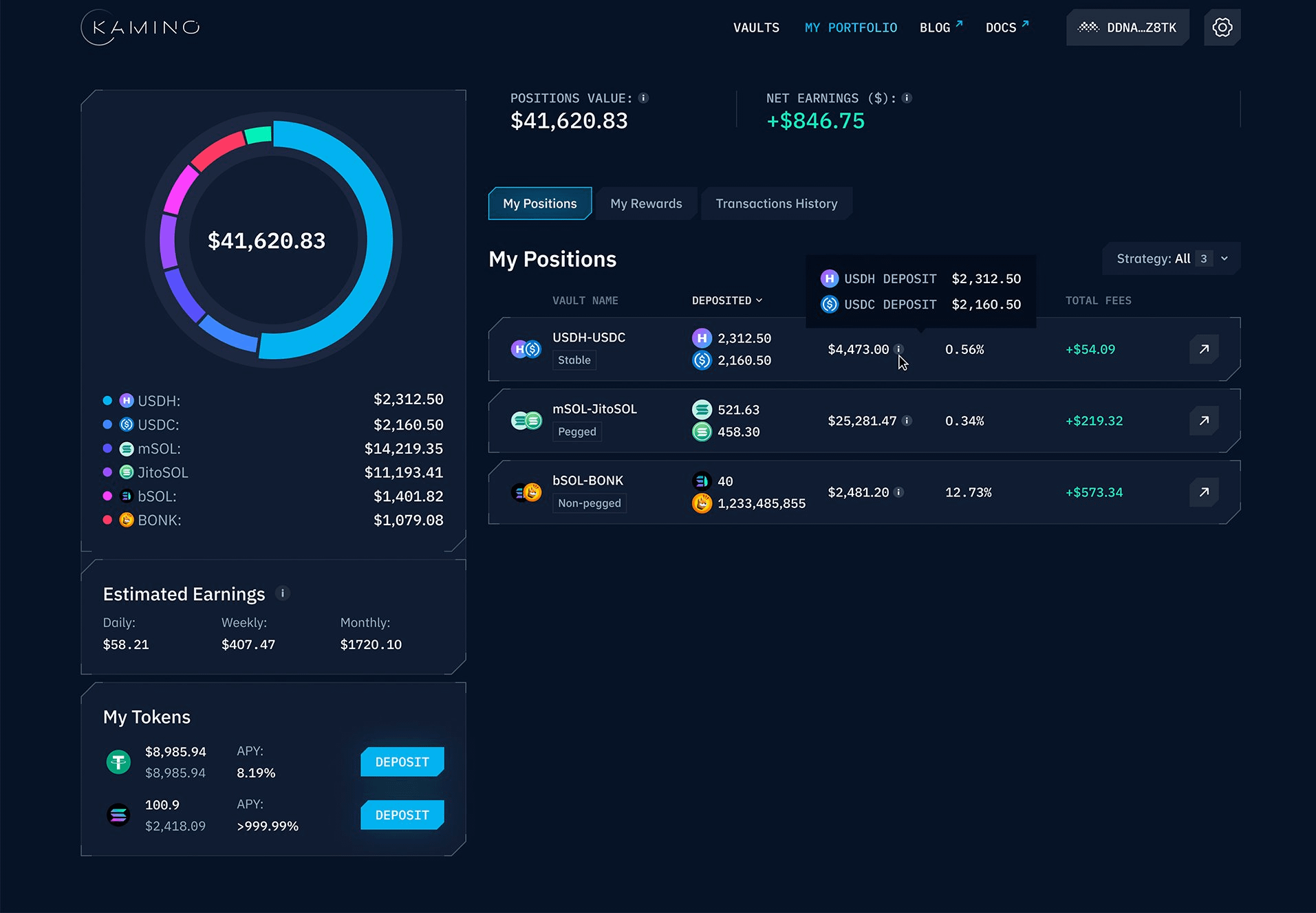 Kamino Finance main pool analytics dashboard interface on Solana DeFi platform