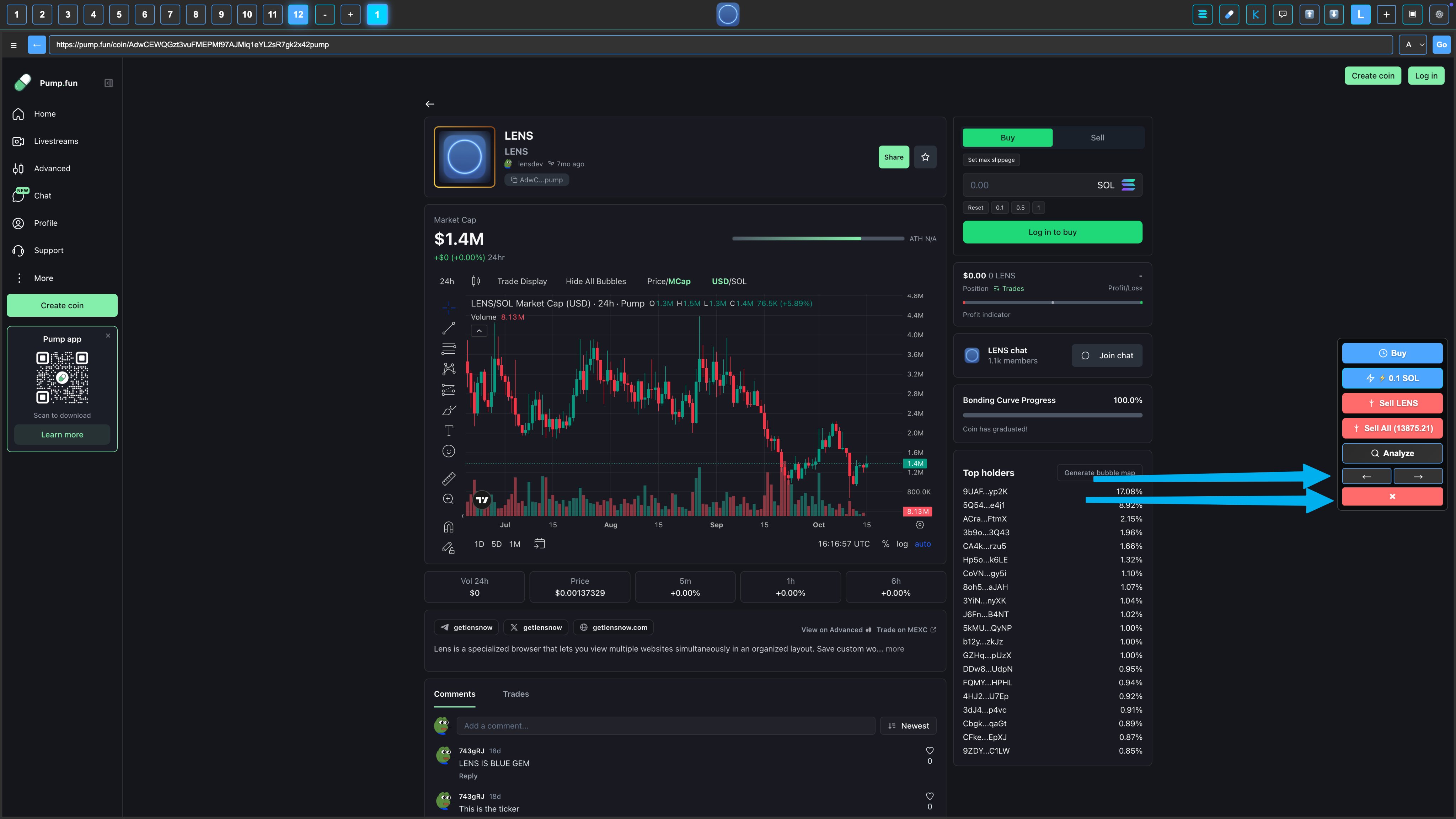 LENS Browser Solana trading dashboard displaying AI-powered insights and automation tools, highlighting user-friendly interface and advanced features.