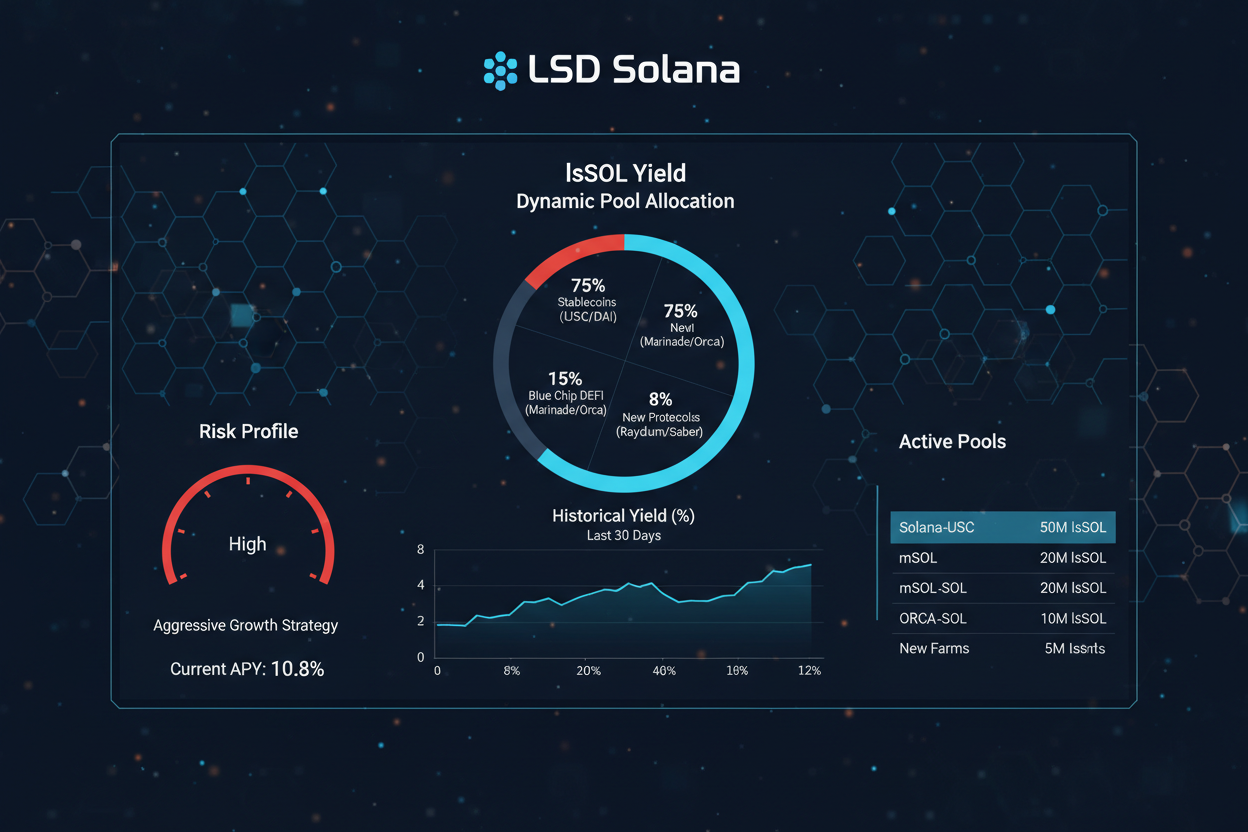 Screenshot of LSD AI liquid staking dashboard on Solana displaying dynamic pool allocations, lsSOL yield metrics, and risk profile performance at SOL $118.28