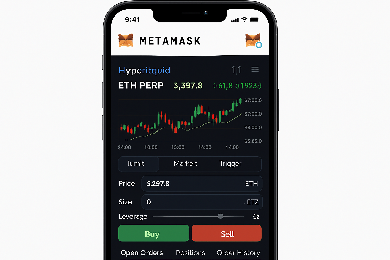 Screenshot of MetaMask mobile app displaying Hyperliquid perpetuals trading interface for decentralized futures trading