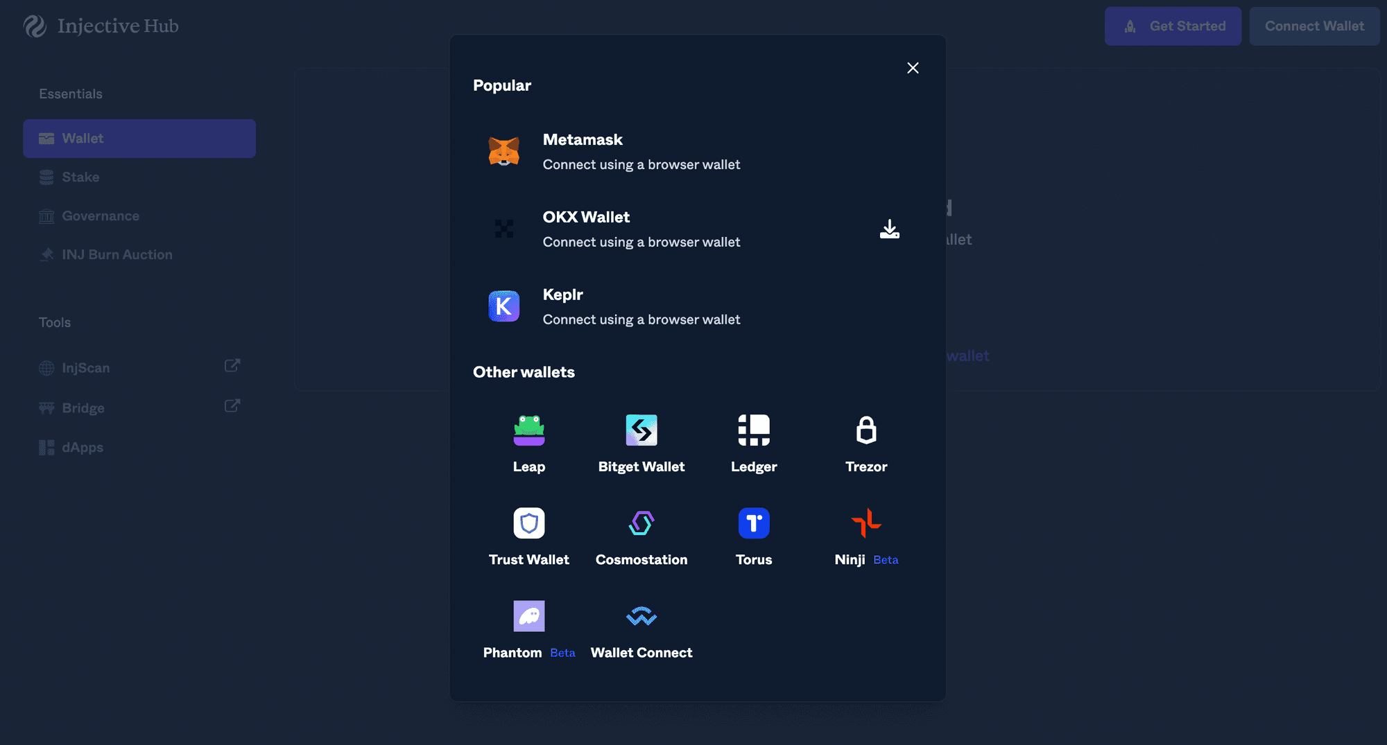 MetaMask wallet interface with Injective network selected and highlighted in the network dropdown menu