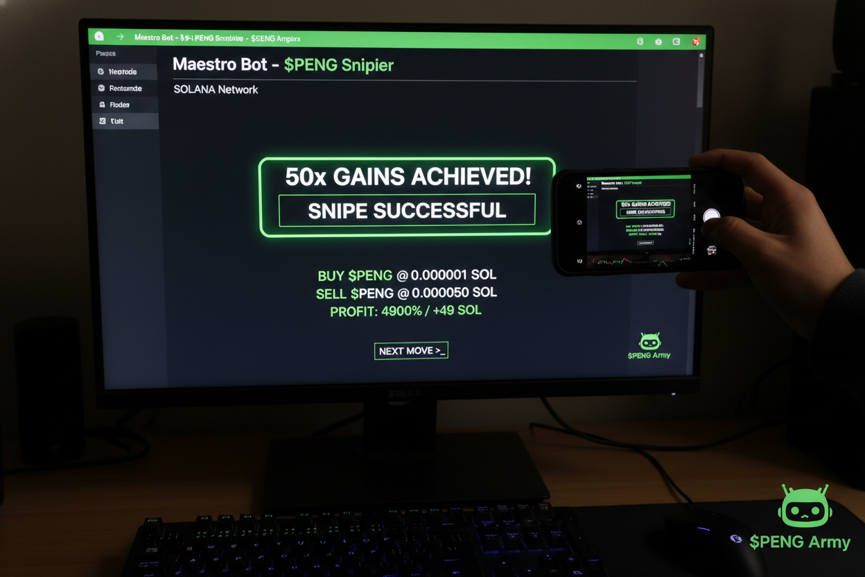 Screenshot of Maestro Bot early snipe on $PENG Solana memecoin showing 50x gains for sniping new launches