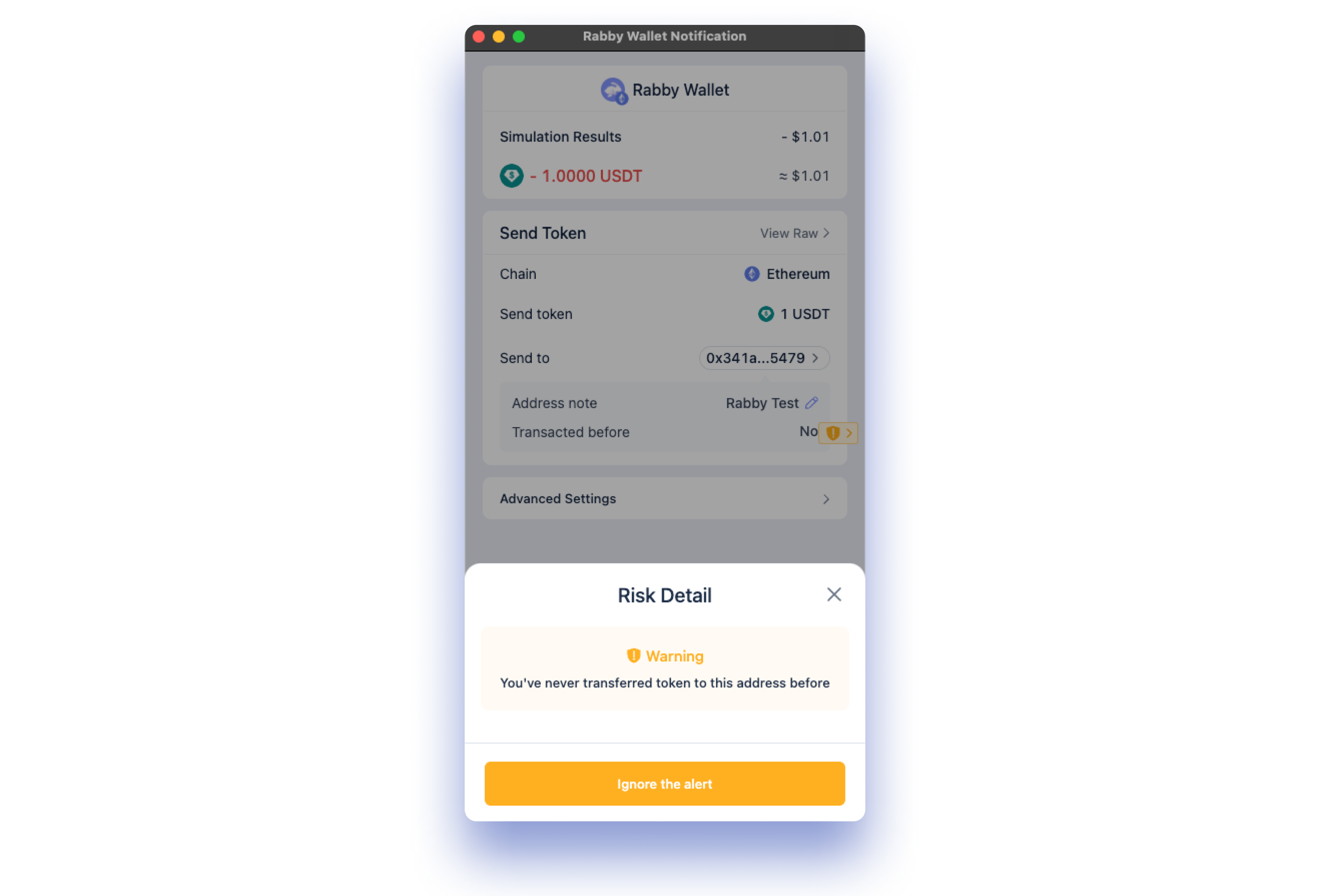 Screenshot of Rabby Wallet scam scanner interface highlighting a flagged transaction with security alerts and risk assessment features visible.