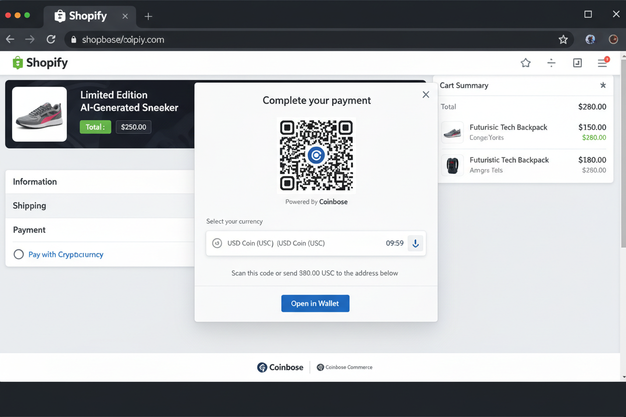 Shopify USDC stablecoin checkout demo screenshot via Coinbase Commerce integration, showcasing seamless USDC payments with zero volatility, ultra-low fees, and instant settlements for merchants in 2026