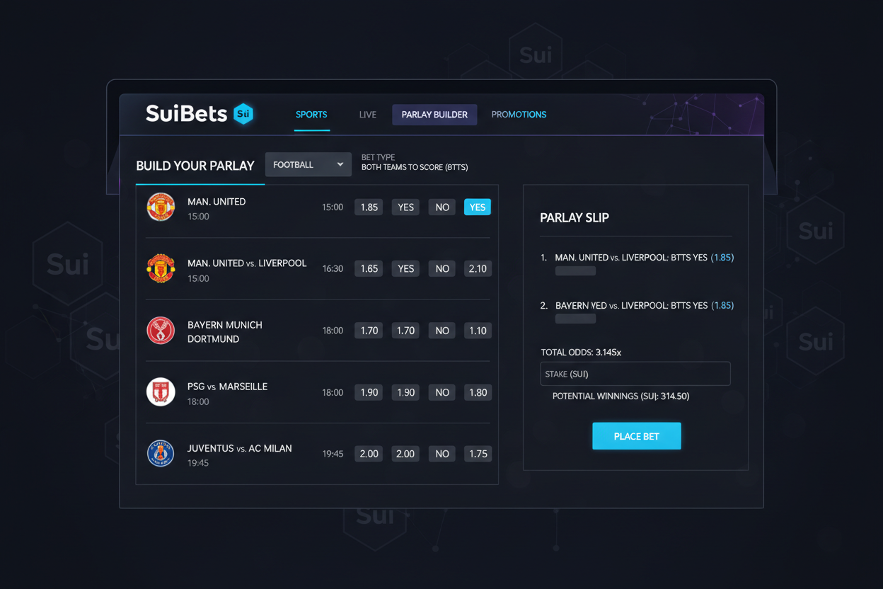 Screenshot of SuiBets parlay builder interface on Sui blockchain showing football matches, BTTS betting options, and instant SUI payout preview