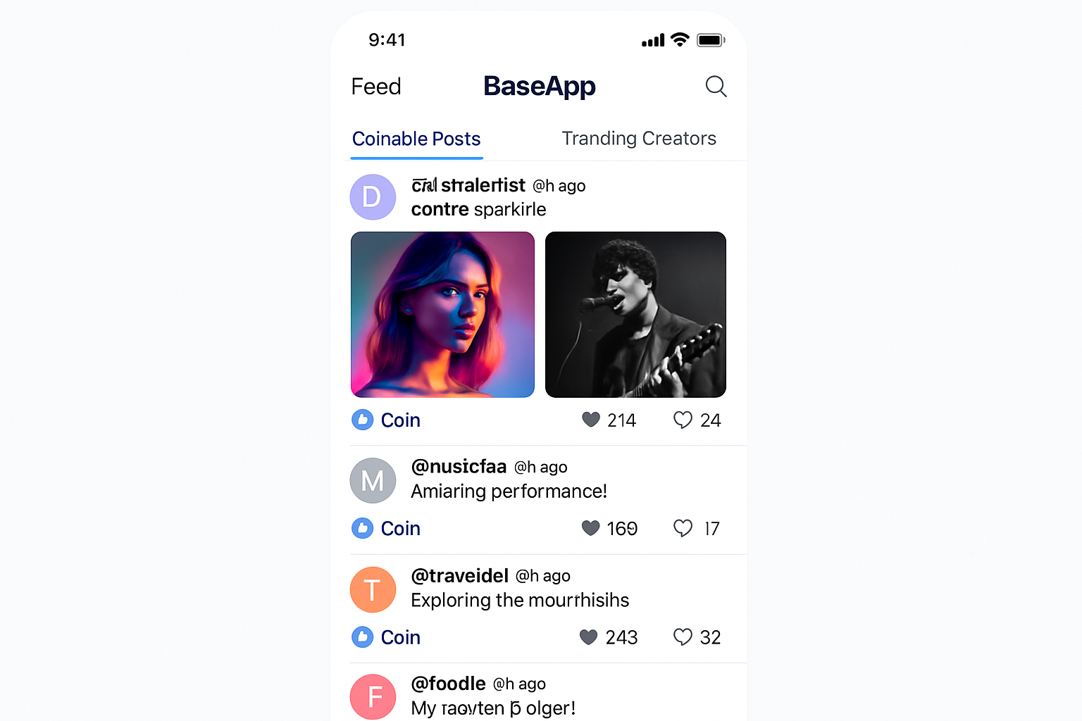 Screenshot of BaseApp social feed displaying coinable posts and trending creators
