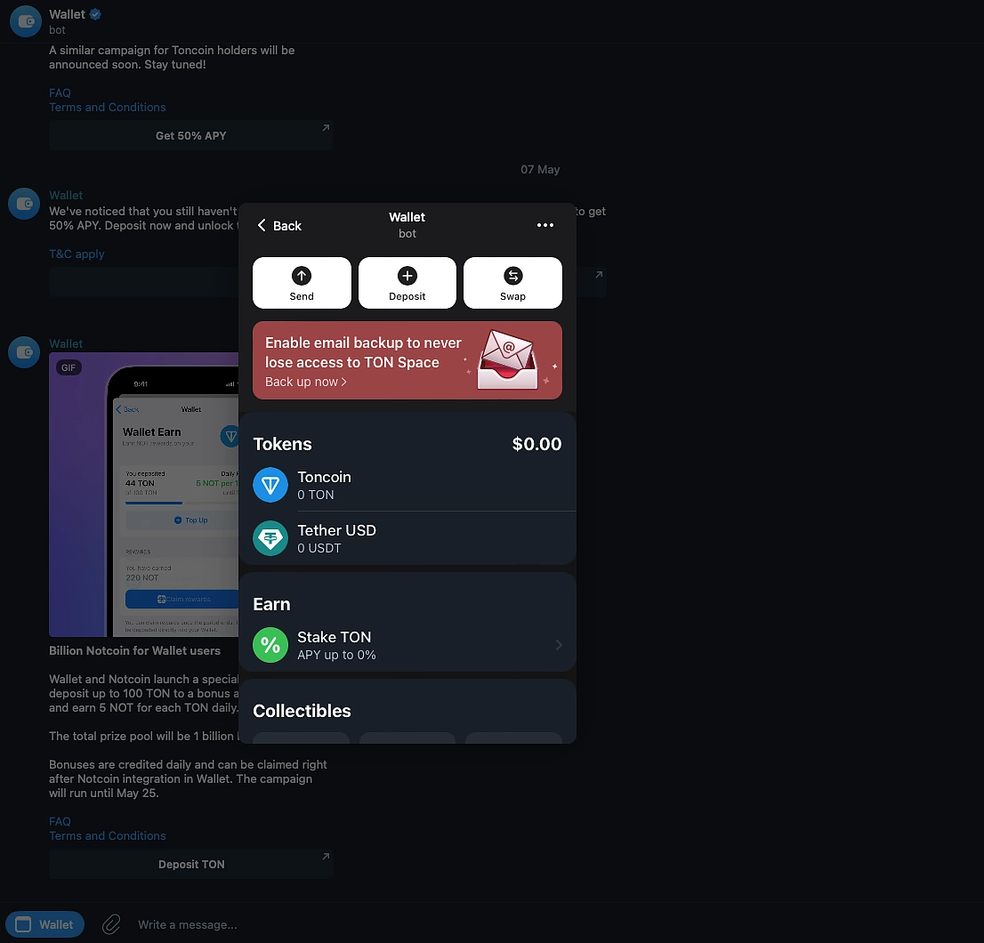 Screenshot of TON Wallet interface inside Telegram app showing seamless in-chat crypto payments in 2025