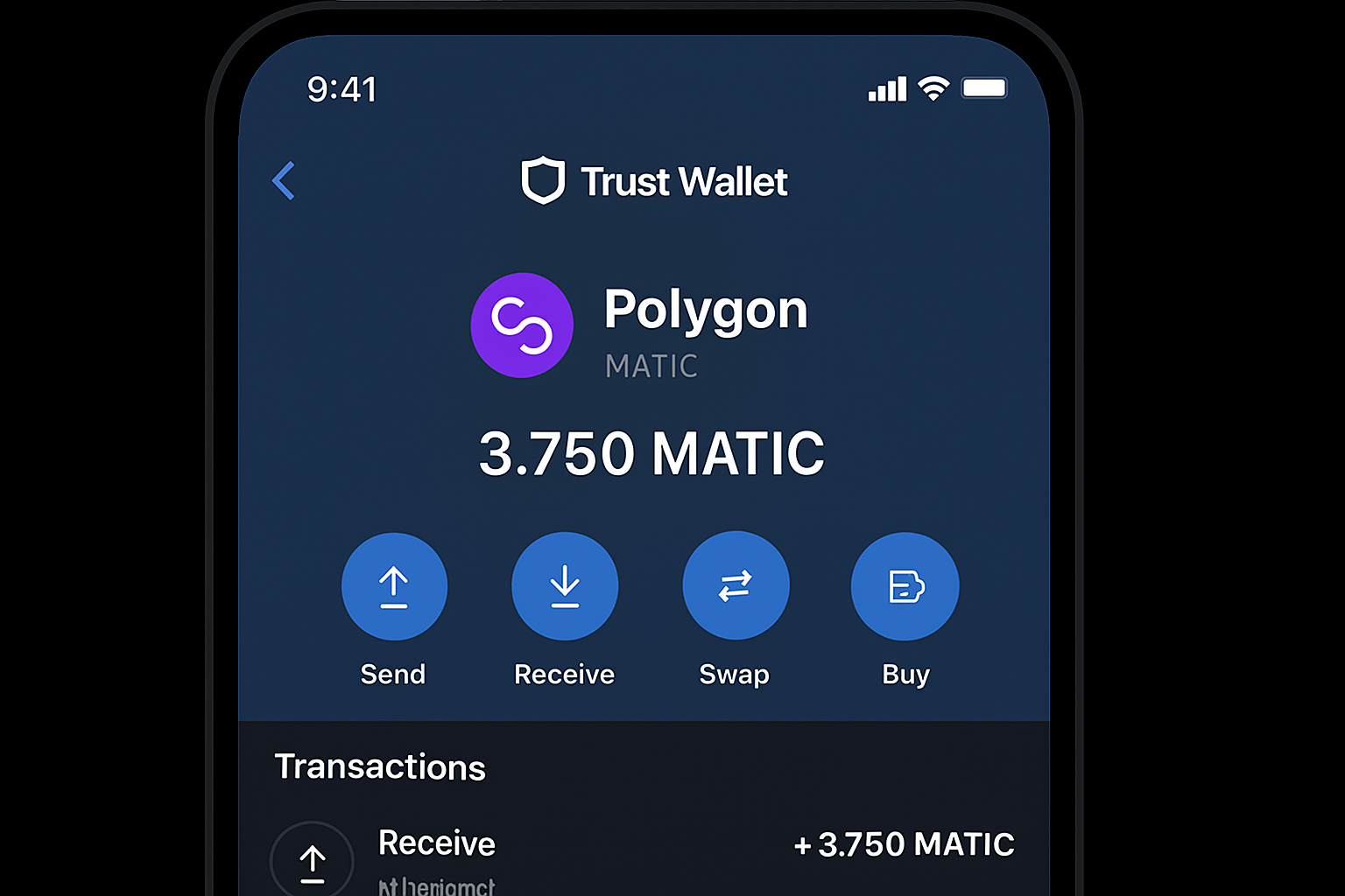 Trust Wallet app interface showing Polygon (MATIC) token balance on mobile device