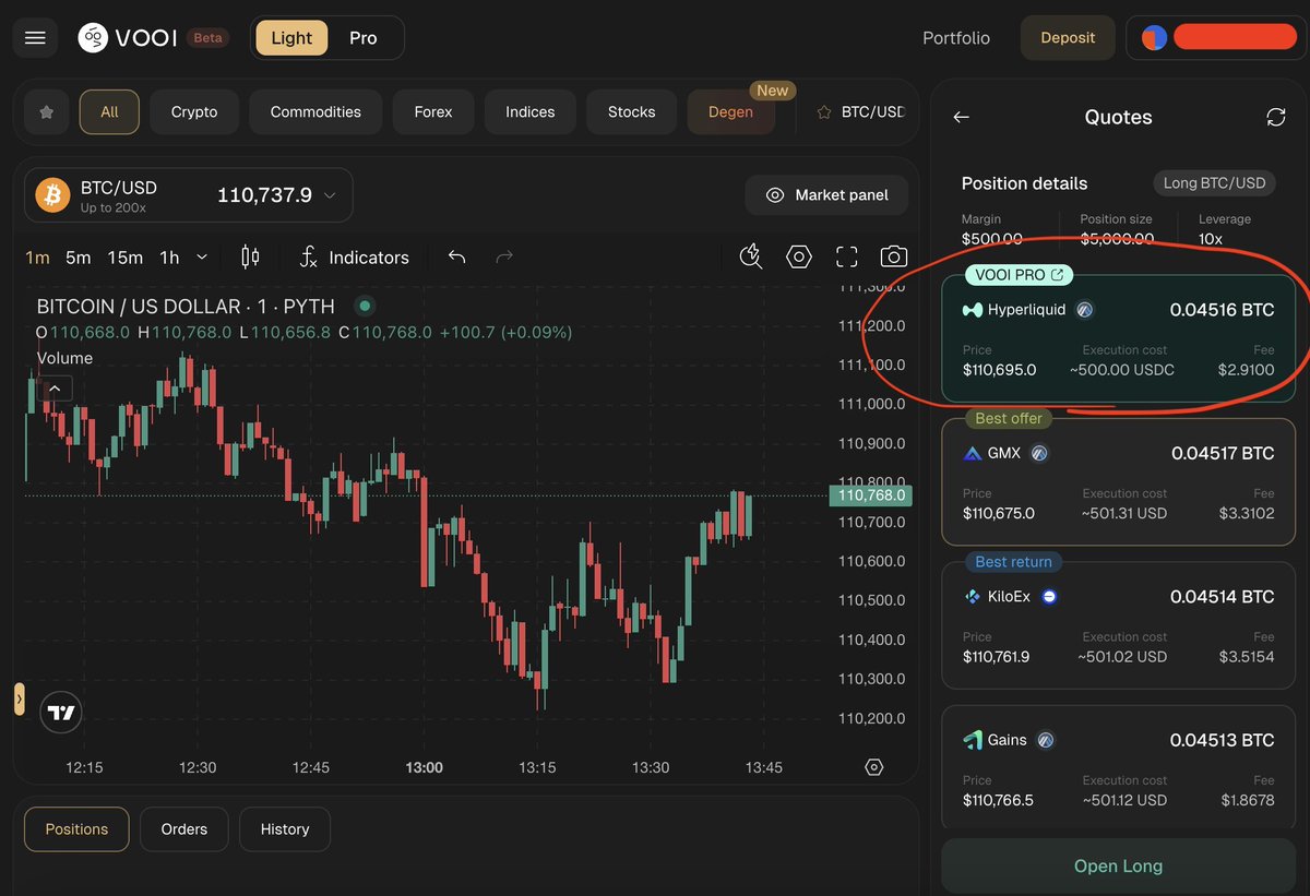 Screenshot of Vooi's unified cross-chain DeFi trading dashboard on Base network, displaying consolidated assets and seamless trading interface for retail users