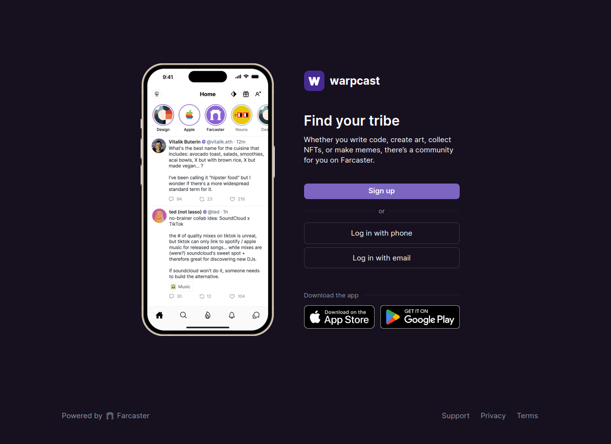 Screenshot of Warpcast app interface displaying Farcaster account creation process on mobile device