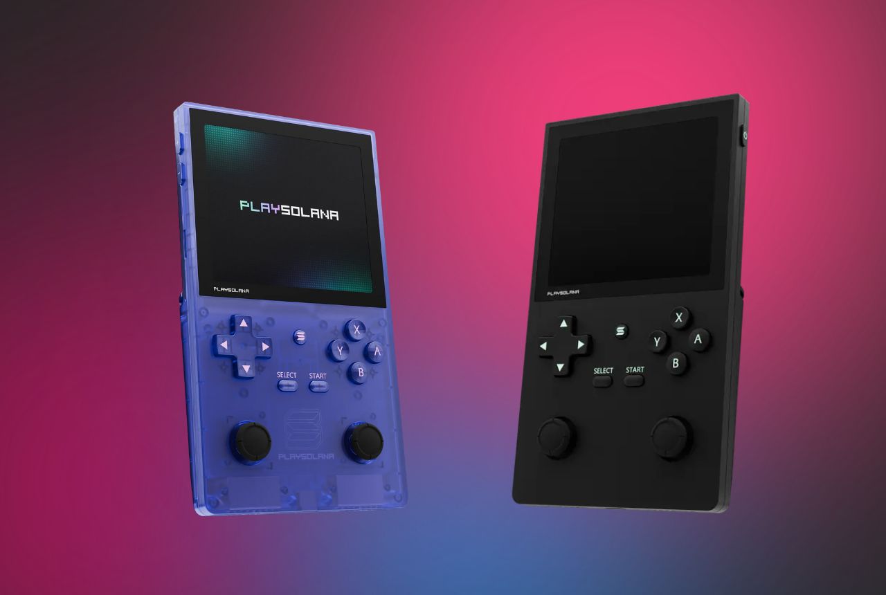 Play Solana PSG1 handheld console screenshots showing Star Atlas space MMO and Genopets move-to-earn gameplay with NFT integration and retro PS2 GameCube emulation style for Solana Web3 gaming 2026