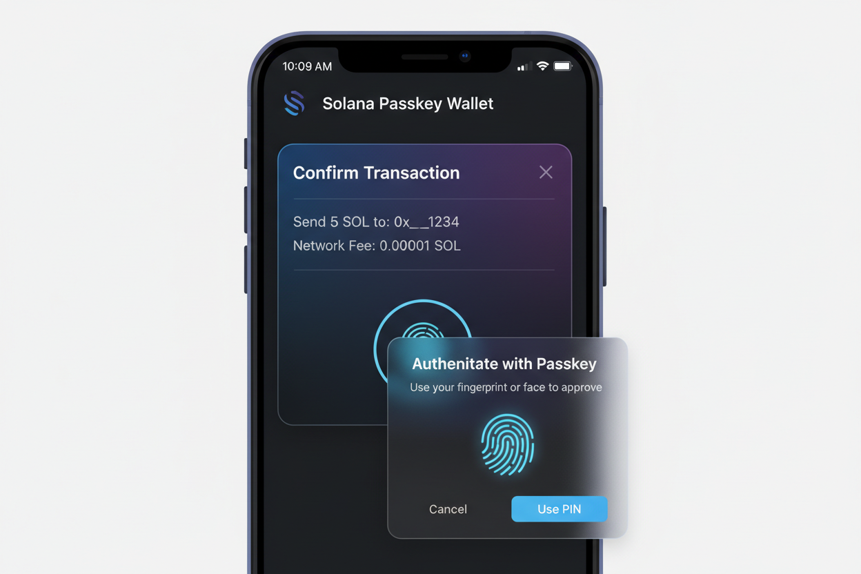 Secure seedless Solana wallet interface on mobile device showing passkey WebAuthn biometric authentication for passwordless login and airdrop hunting