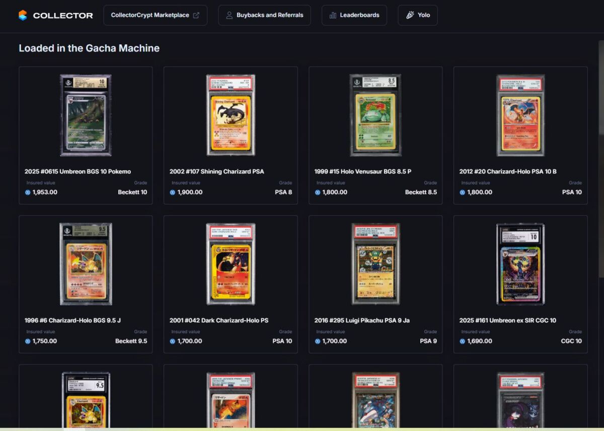 Secure vault storing PSA-graded Pokémon cards tokenized as RWAs on Solana blockchain for Collector Crypt global trading