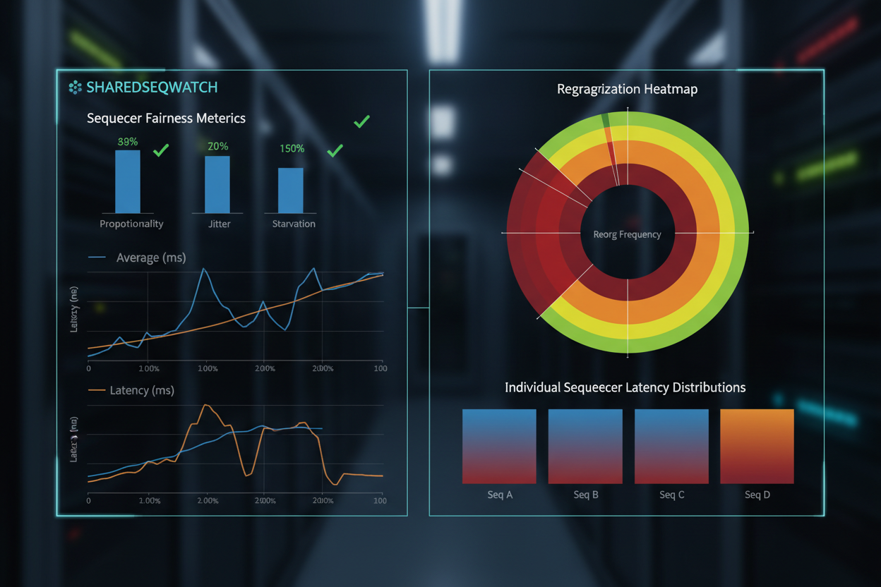 SharedSeqWatch dashboard visualizing Ethereum rollup sequencer fairness metrics with latency and reorg heatmaps for benchmarking equitable inclusion