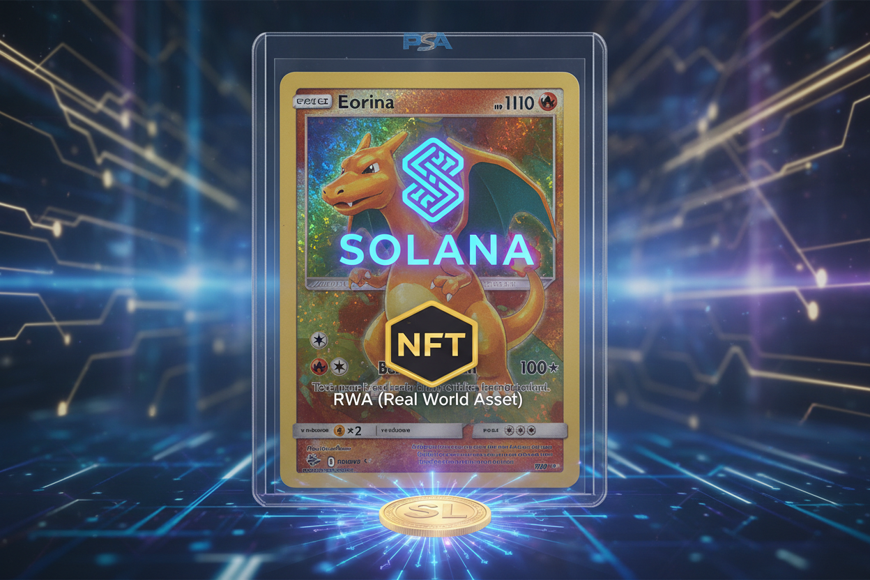 Shiny PSA 10 Pokémon card tokenized as RWA NFT on Solana blockchain with glowing crypto effects, illustrating secure ownership for TCG collectors on TCGOnChain