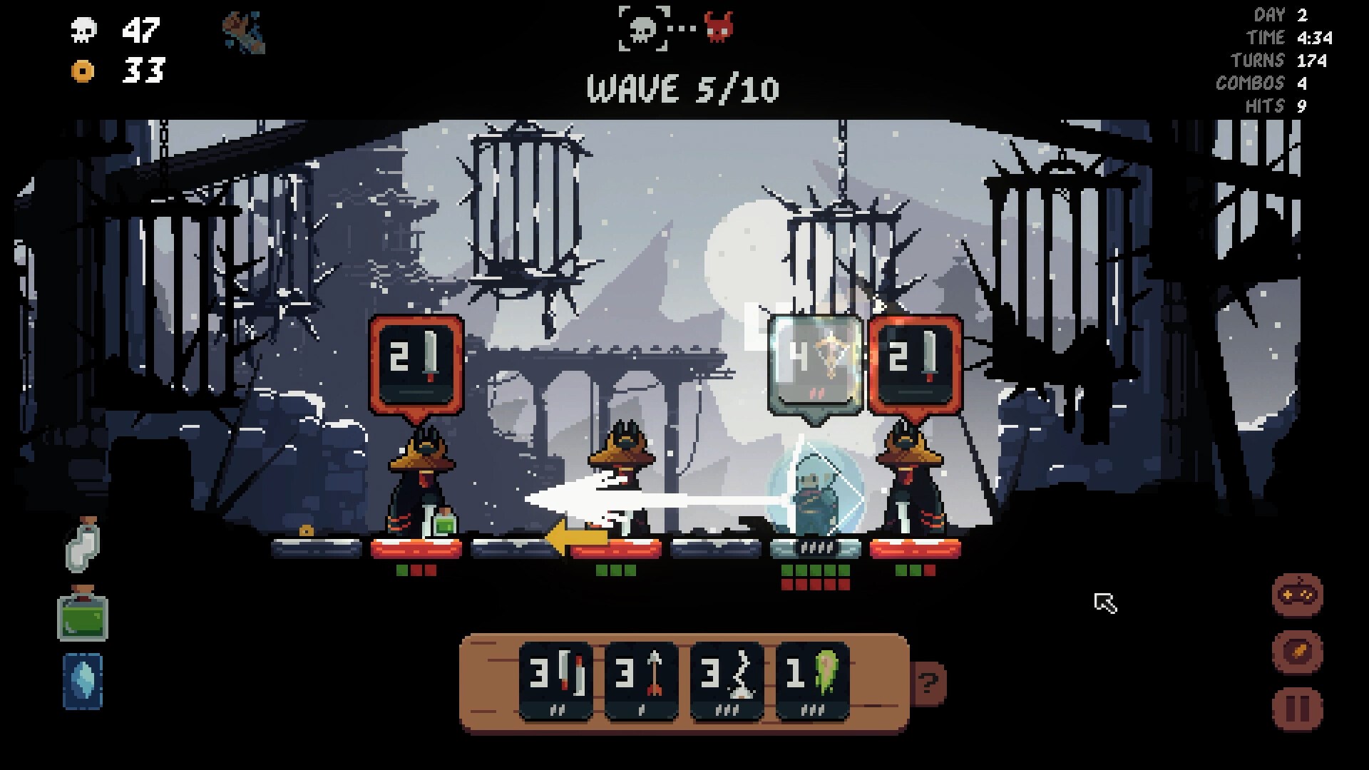 Shogun Showdown pixel art battle screenshot from the 2024 indie roguelike game, showcasing turn-based tactics and vibrant retro visuals.