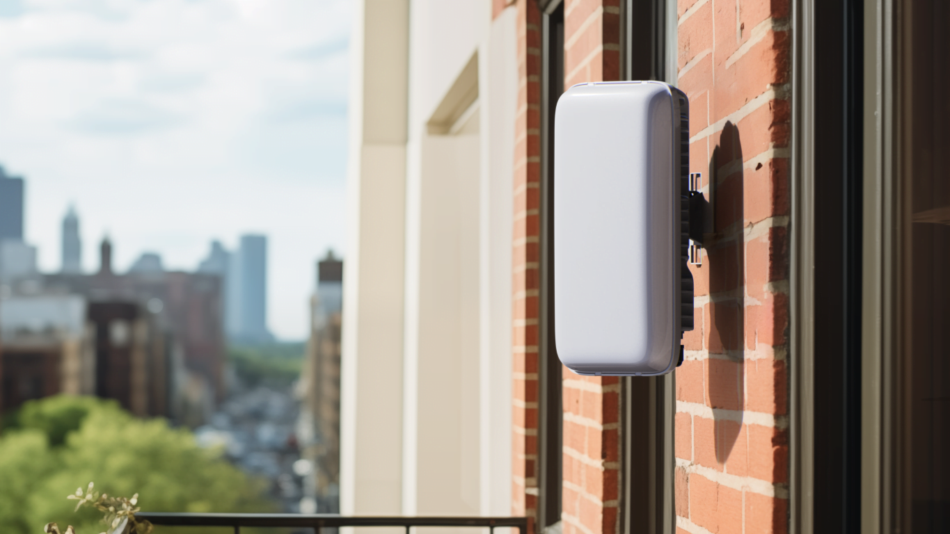 Side-by-side comparison of compact $300 Helium 5G hotspot on balcony versus massive $150K traditional cell tower, showcasing DePIN decentralized wireless network efficiency