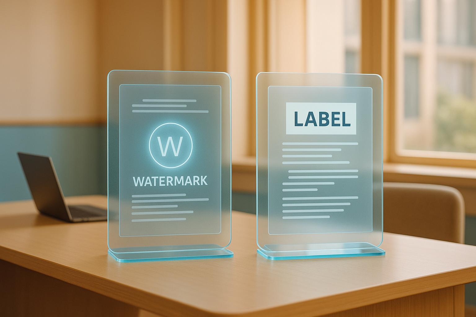 Side-by-side comparison of Getty-style visible stock photo watermark on real image vs invisible AI watermark in deepfake, illustrating superior detection resilience against tampering