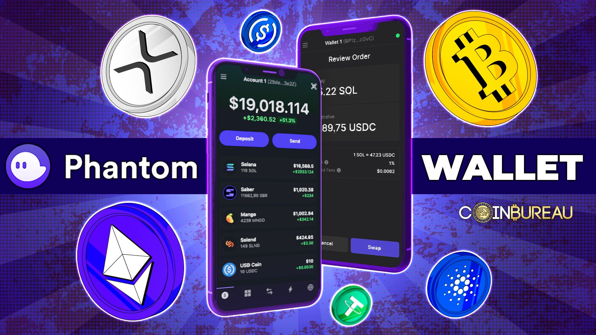 Side-by-side comparison of Phantom Wallet and MetaMask mobile app interfaces on smartphones, showcasing their design and features in 2025