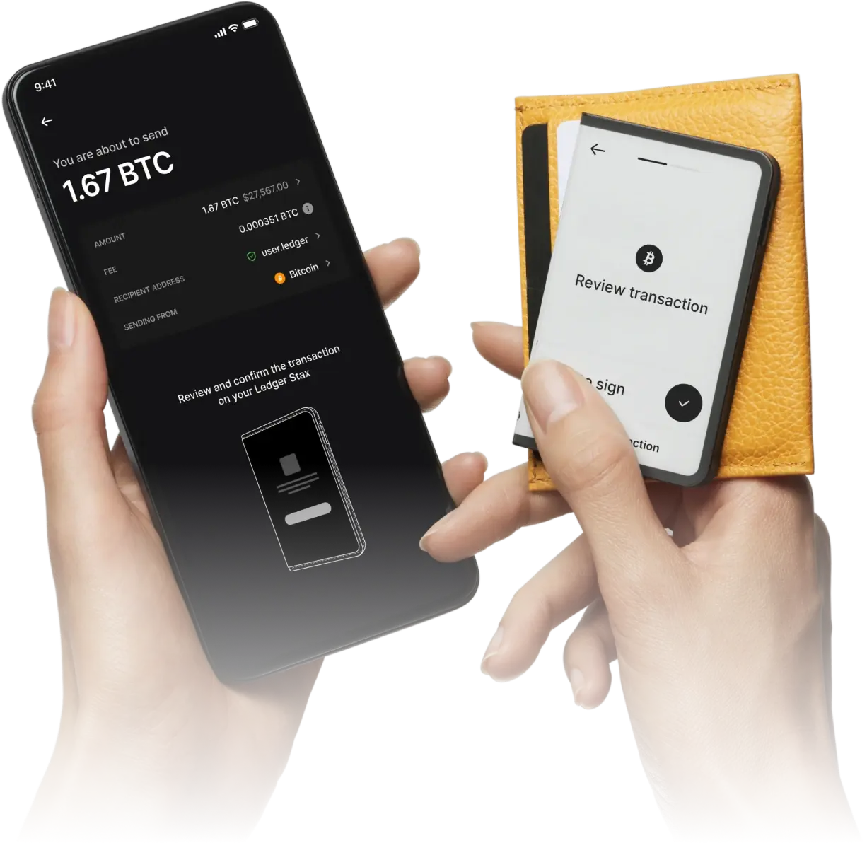 Side-by-side photo of Ledger Flex and Ledger Stax powered on, showing their E Ink touchscreens for secure crypto wallet comparison