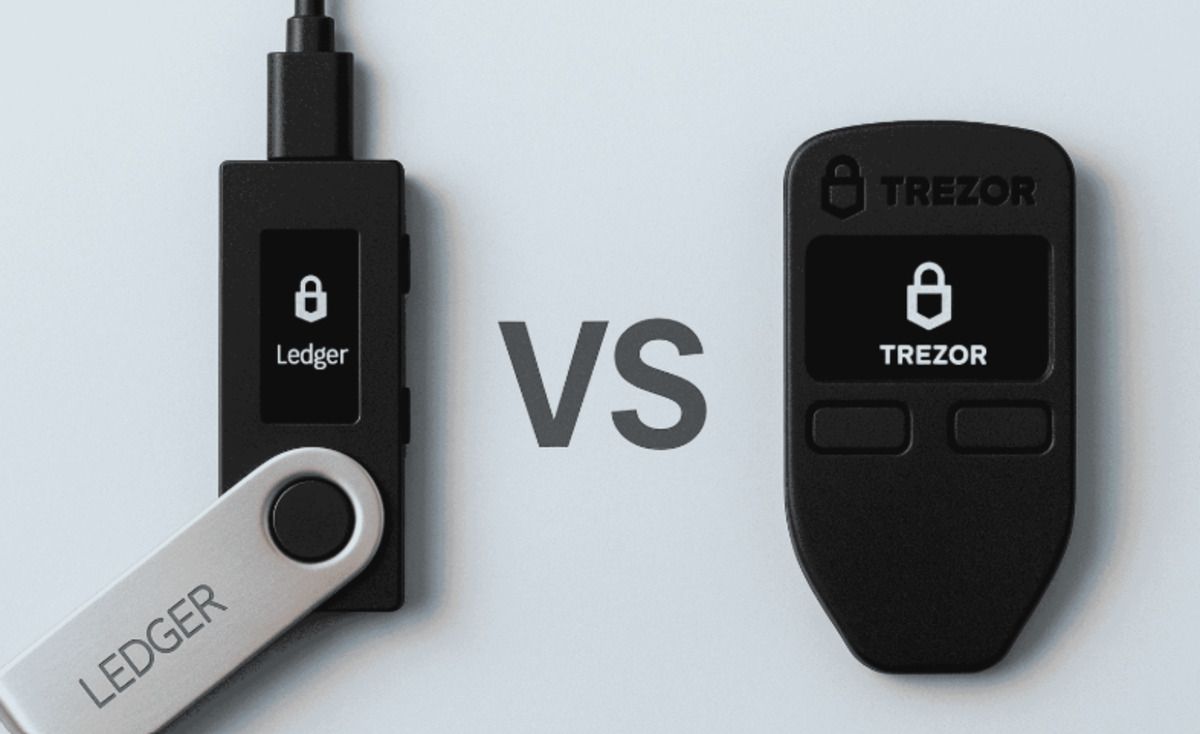 Side-by-side comparison photo of Ledger Nano X and Trezor Safe 5 hardware wallets highlighting design differences for 2026 security and self-custody guide