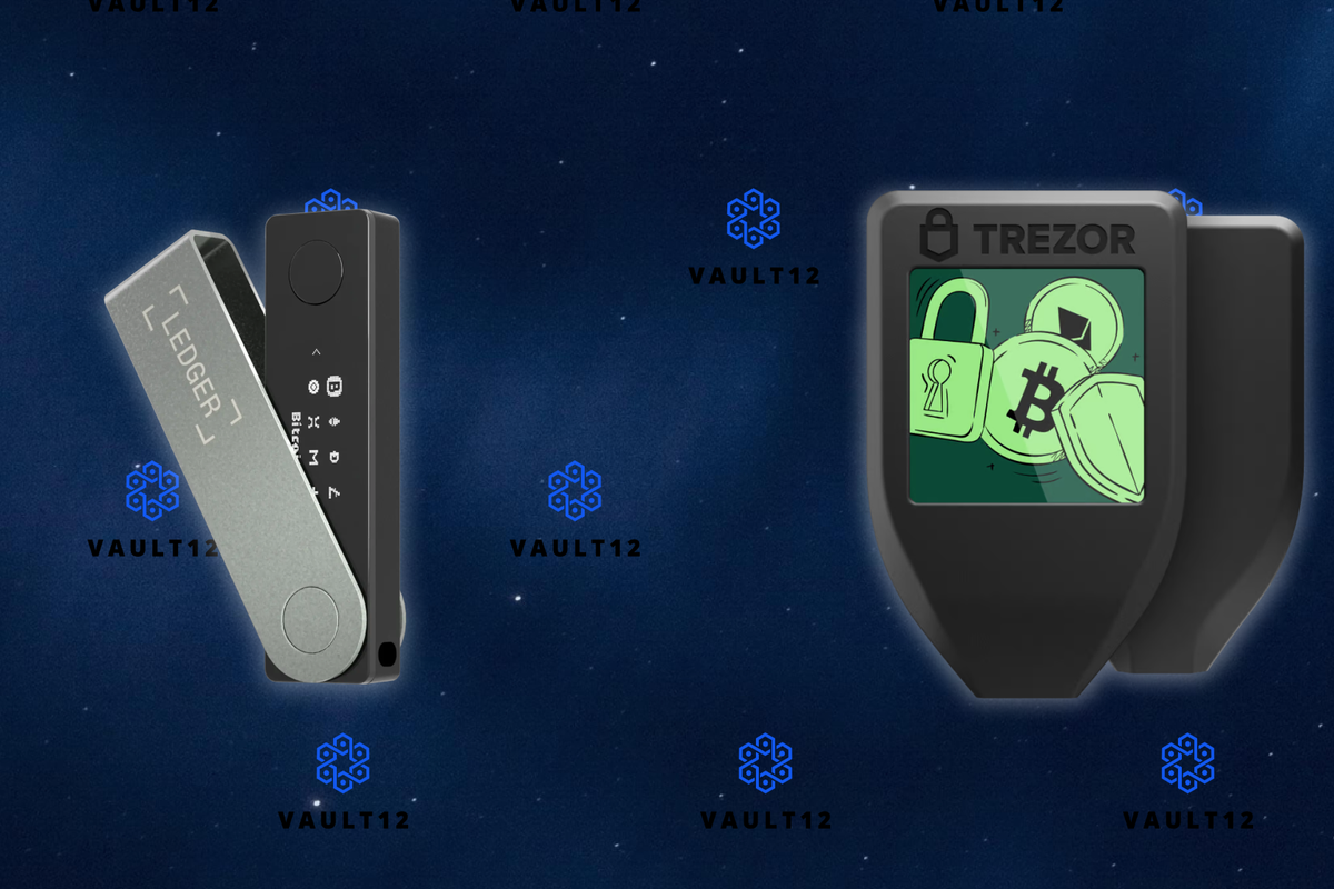 Side-by-side comparison photo of Ledger Nano X, Ledger Stax, Trezor Model One, and Trezor Model T hardware wallets