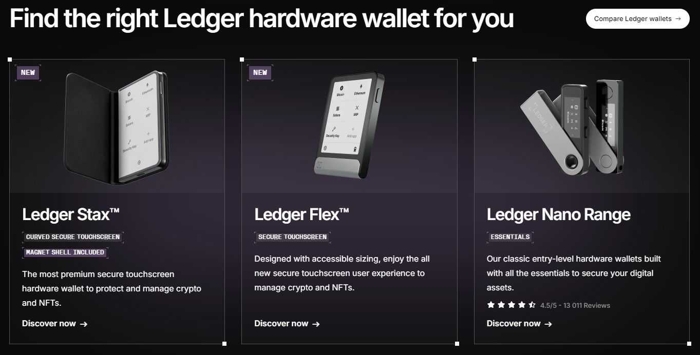 Trezor Safe 7 and Ledger Stax hardware wallets side by side on a desk, showcasing their design and displays for 2025 comparison