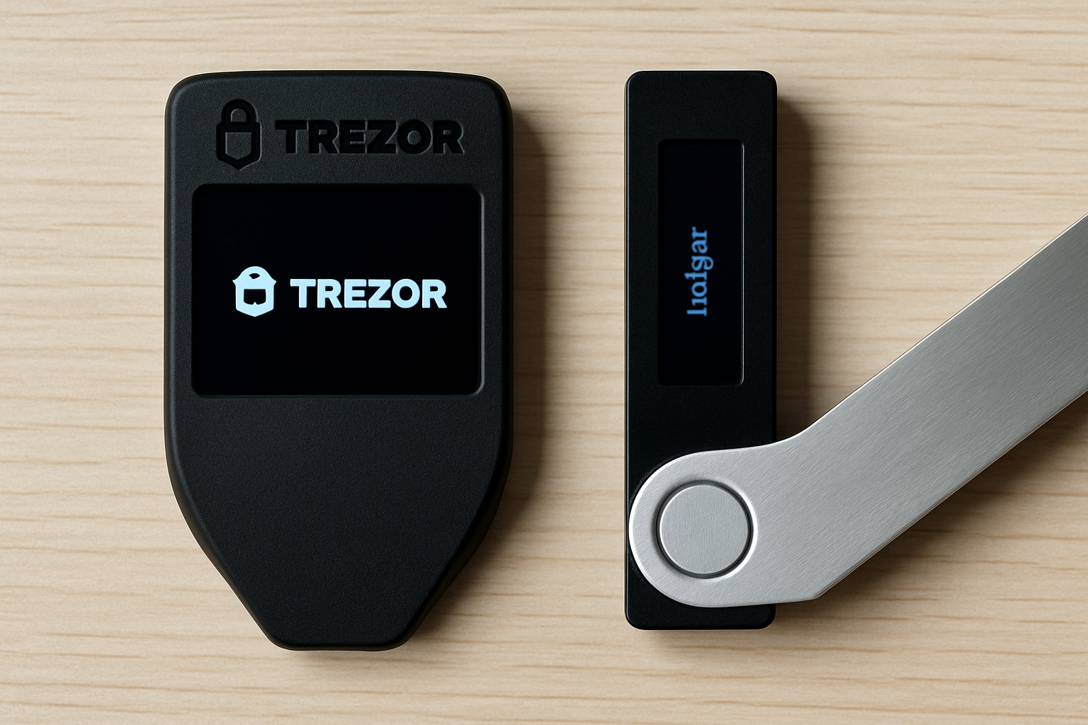Side-by-side comparison photo of Trezor TS7 and Ledger Nano X hardware wallets highlighting their screens and form factors, 2025 edition