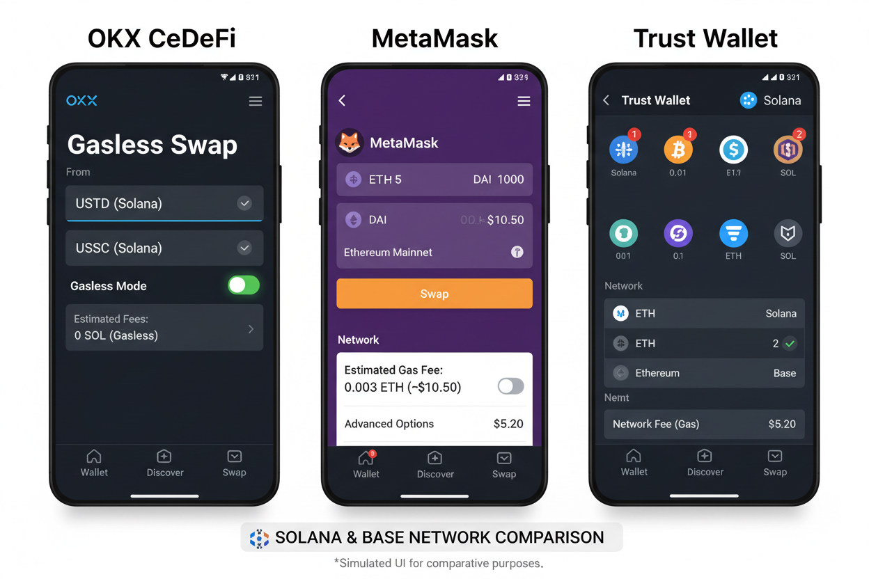 Side-by-side screenshots comparing OKX Wallet CeDeFi gasless swap speed vs MetaMask and Trust Wallet on Solana and Base blockchains demo