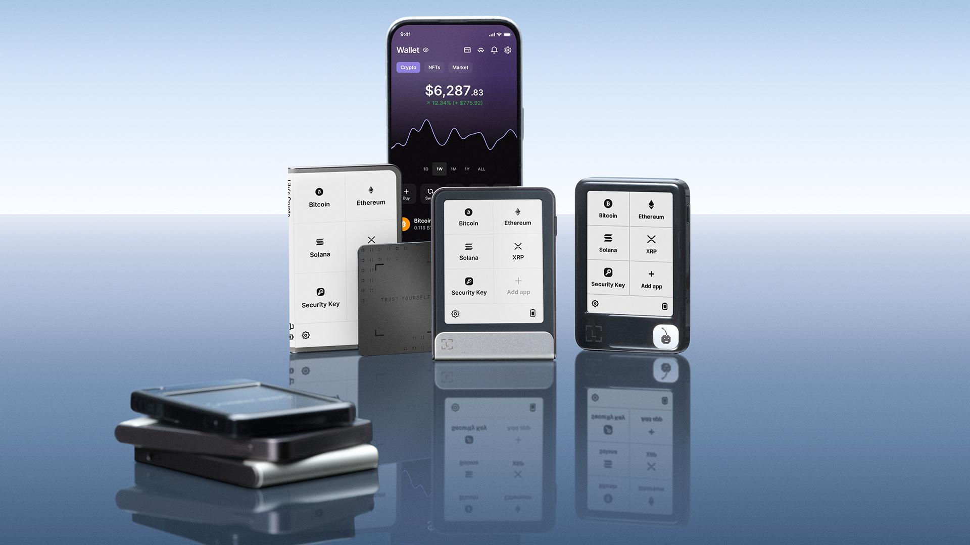 Side-by-side comparison of Ledger Nano Gen5 hardware wallet, OKX Wallet mobile app interface, and Trust Wallet screen for best self-custody crypto storage options 2026