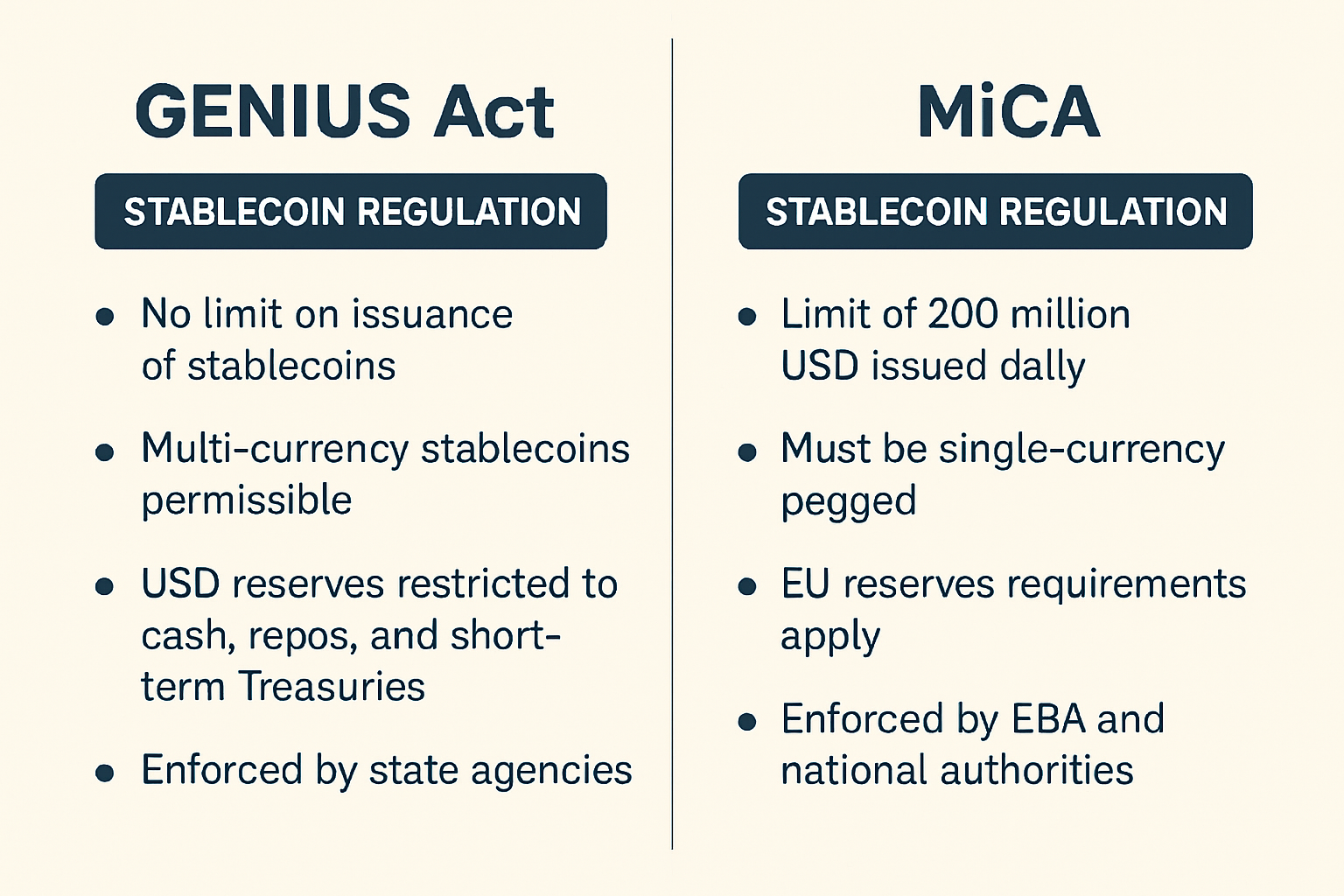 Side-by-side comparison of US GENIUS Act and EU MiCA stablecoin regulatory frameworks with key differences highlighted