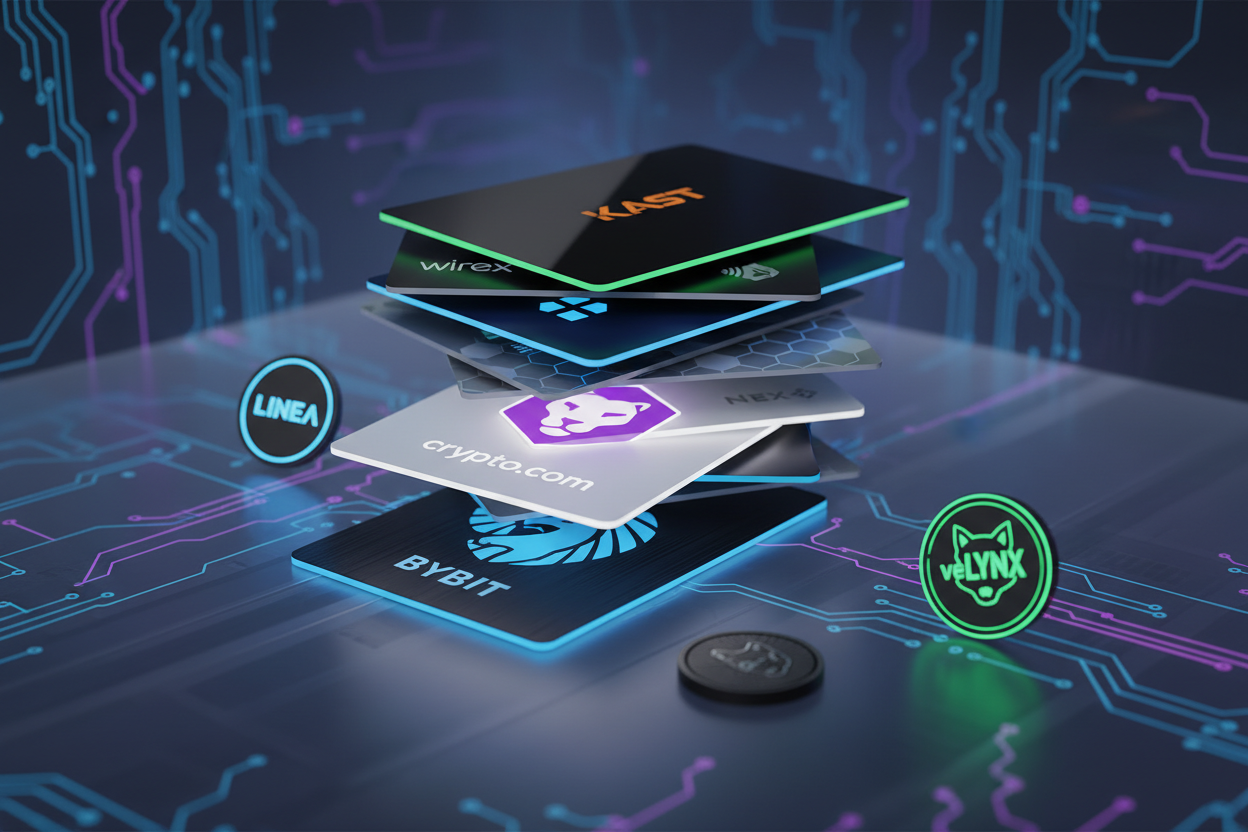 Sleek stack of top 2026 crypto rewards cards like Kast Card, Bybit Card, Crypto.com Visa, Binance Visa, Nexo Card, and Wirex Card with glowing veLYNX governance token icons on LINEA network background