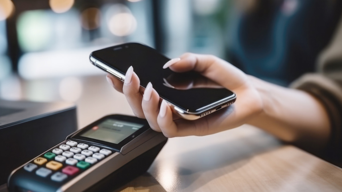 Customer tapping smartphone on sleek CryptoPOS HQ NFC terminal for USDC crypto payment in vibrant restaurant dinner service