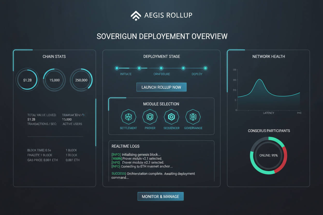 Sleek modern dashboard interface for L3 appchain boilerplate deploying sovereign rollup blockchain, featuring deployment controls, status monitors, and Layer 3 appchain templates 2026