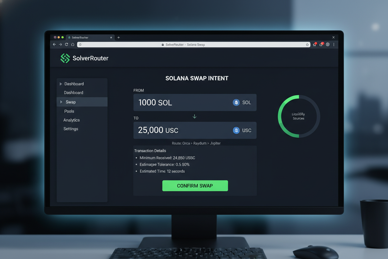 Sleek SolverRouter.com dashboard screenshot executing protected Solana swap intent with MEV protection for DeFi trading