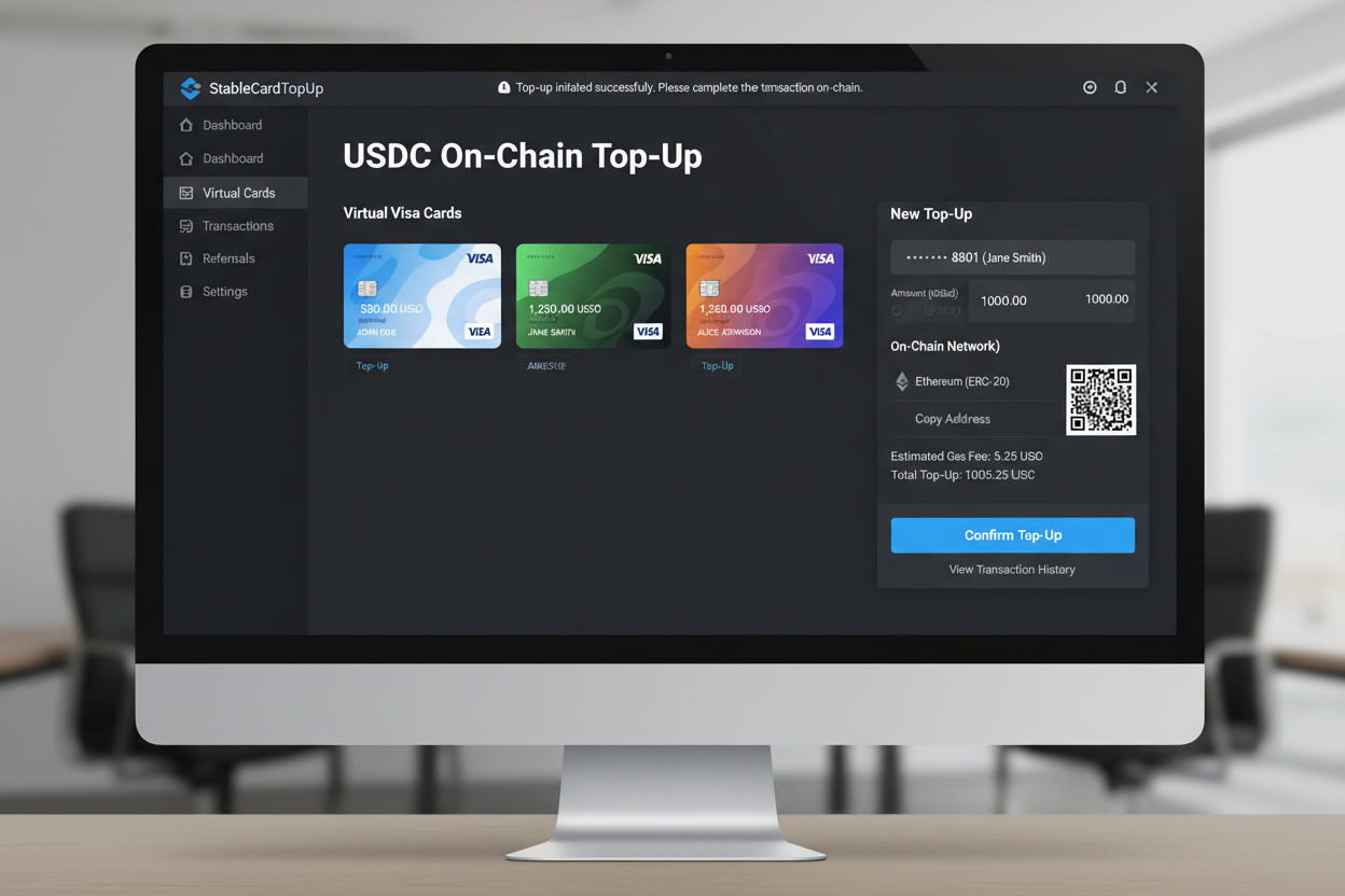 Sleek StableCardTopUp dashboard screenshot showing instant USDC onchain top-up to unlimited virtual Visa debit cards for seamless crypto spending